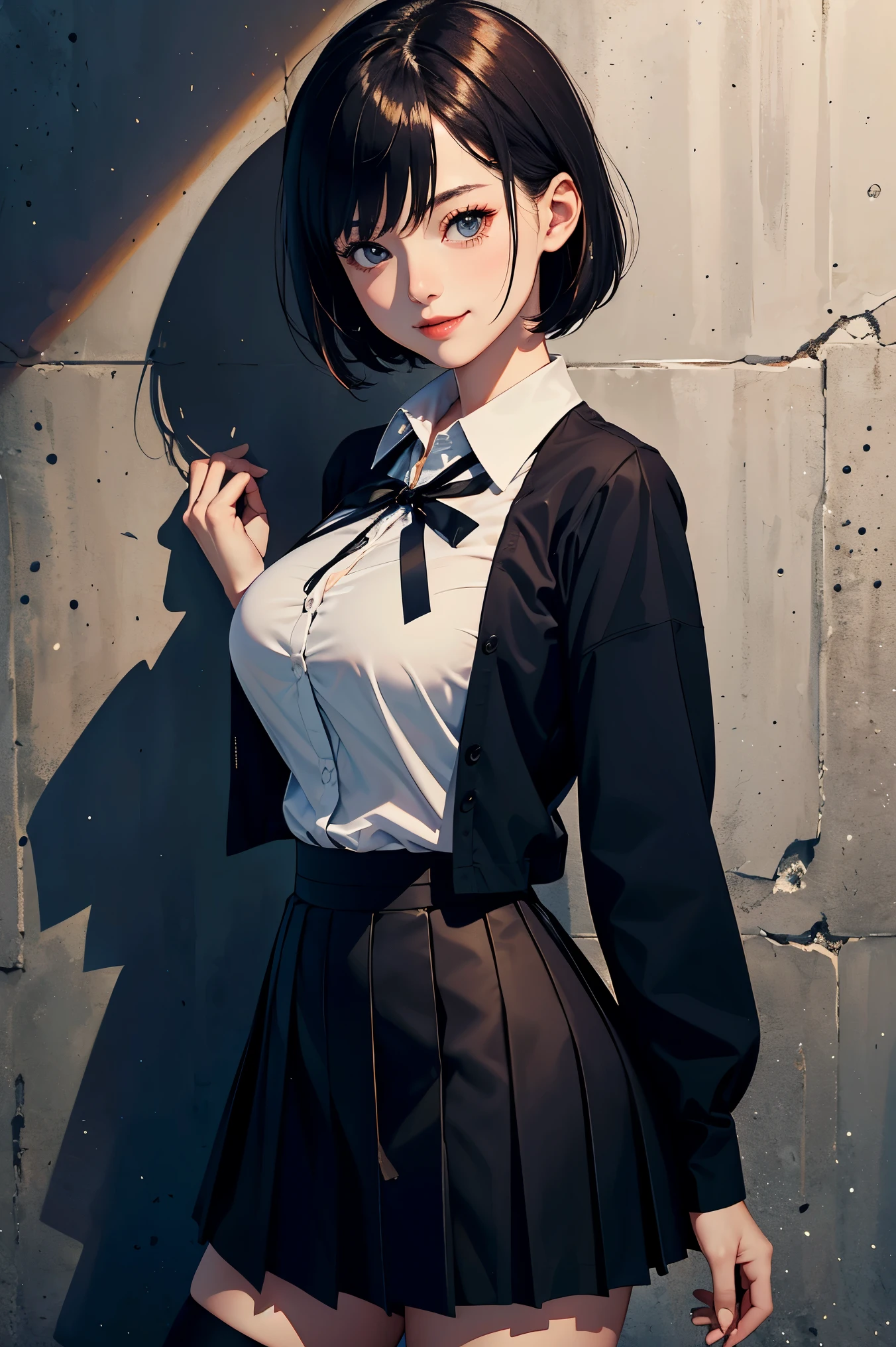 (masterpiece:1.4)、(highest quality:1.4)、ultra high resolution、beautiful features、20 year old woman、black very short hair、white long sleeve collared shirt、small black ribbon、navy pleated skirt、black tights、(huge breasts:1.1)、bust up shot、red face、smile、Stand against the wall、arms behind body
