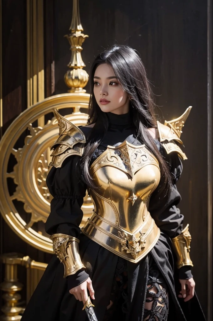 a close up of a woman in armor with a sword, stunning armor, wearing fantasy armor, very stylish fantasy armor, gold heavy armor. dramatic, beautiful armor, fantasy armor, black and gold armor, gothic armor, wearing ornate armor, intricate armour costumes, female armor, ornate gothic armor, ornate , wearing louis vuitton armor, girl in knight armor