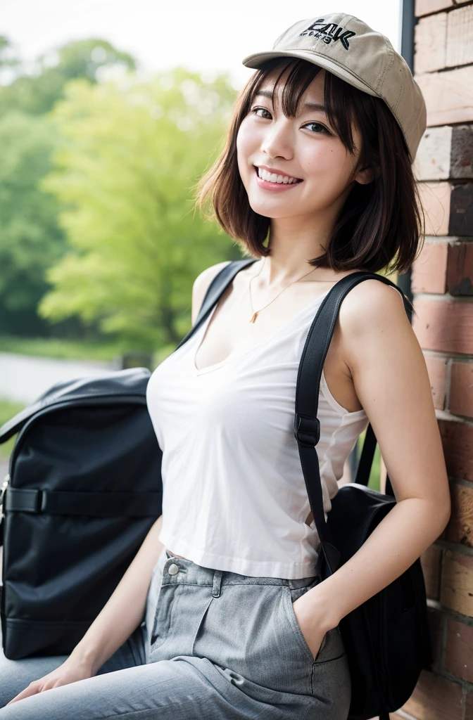 ((8K:1.27)、highest quality、masterpiece、high resolution:1.2)photo beautiful japanese women(fun:1.1) detailed、geometry、gradient lighting、1 girl、delicate skin、looking at the viewer、brown eyes、(short hair with bangs:1.2)、(very big boobs:1.0)、(medium areola:0.8)、(realistic:1.4)、(highest quality:1.0)、(Super high resolution:1.0)、8K、Raw photo、(masterpiece:0.2)、(Pueros face_v1:0.5)、 white clothes、from the knees up、turn your butt、On the windowsill、Kamimei、excited look、red cheeks、Do you need it?、wall、While looking at this、angle from the side、up to the chest、necklace、pants、tight fit、Scoop neckボディコンドレス、Scoop neck、up to the chest、smile、Backpack、Station Square、baseball cap、Carry your Backpack、