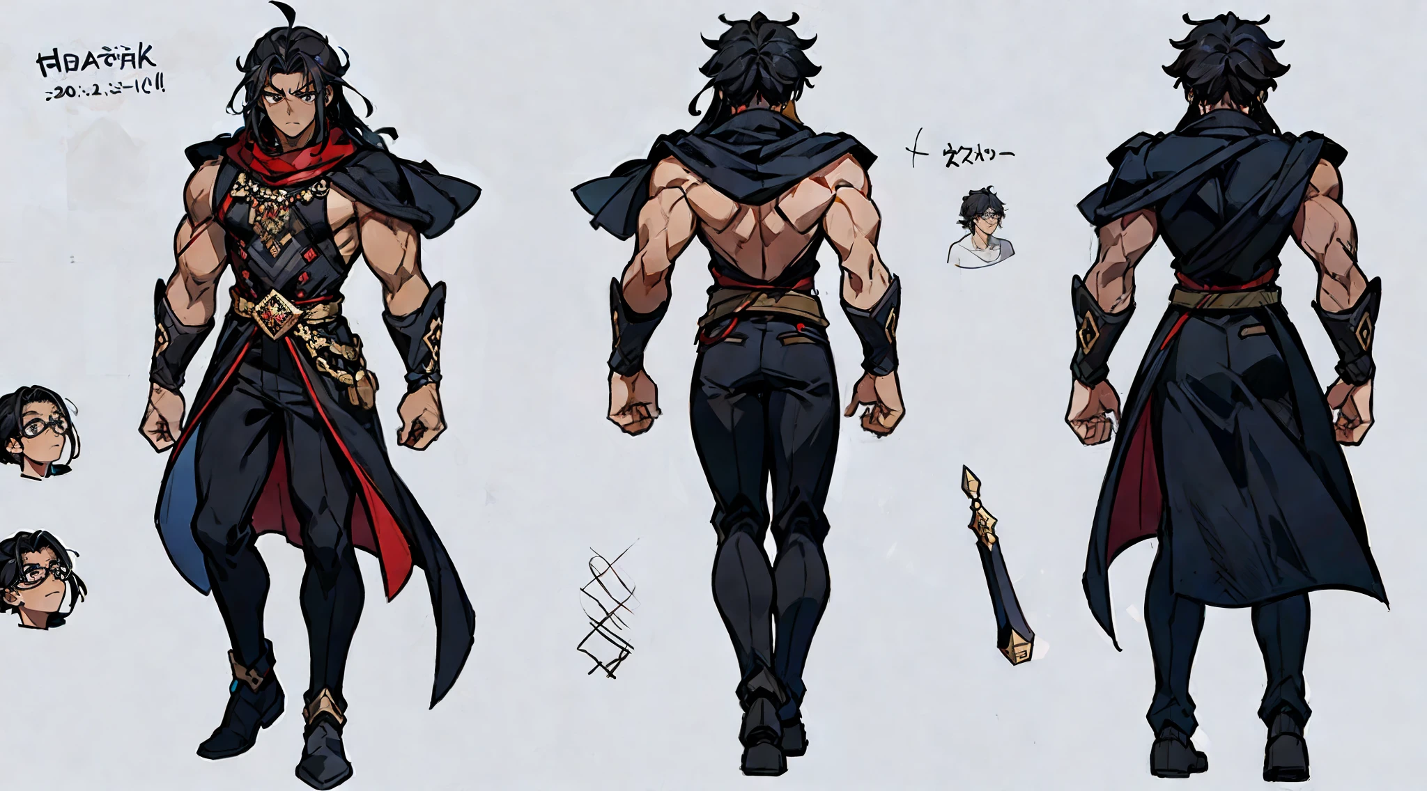 ((masterpiece)),(((best quality))),(character design sheet,same character,front,side,back), 1boy, solo, black hair, dreadlock hair, afro american guy, black eyeglass, dark skin, masterpiece, best quality, looking at around, full body, 200cm tall, bulky body, topless, very muscular, detailed, black pants, red cloak, concept art, character concept art, character sketch, reference sheet, character sheet, (simple background, white background: 1.3)