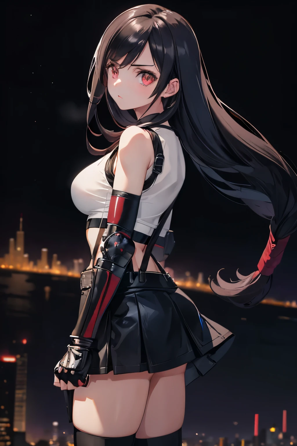 masterpiece, best quality, 7rtifa, crop top, arm guards, fingerless gloves, suspenders, pleated miniskirt, black thighhighs, fist, from side, looking at viewer, dystopian city, city street, night