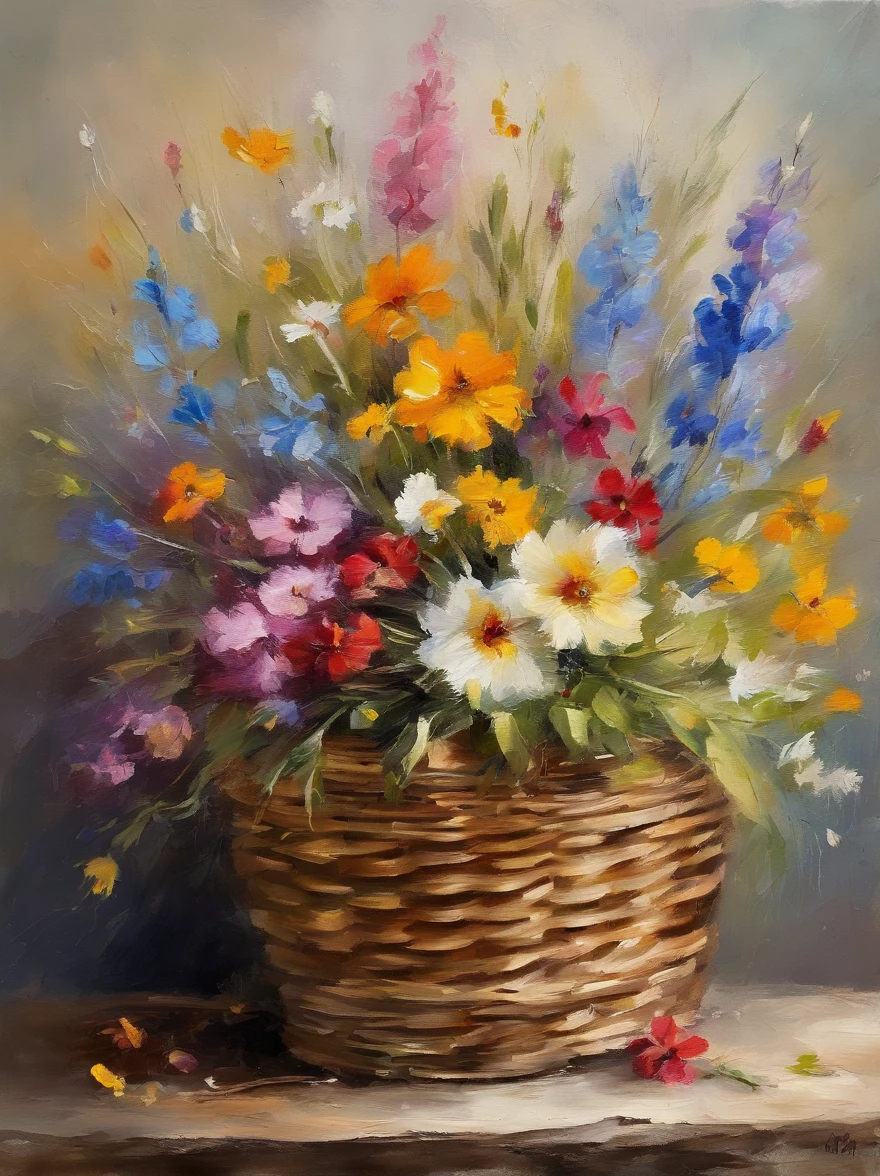 beautiful oil painting of vintage bouquet of wildflowers inside a wooden basket in an spring holiday atmosphere, watercolor art, masterpiece, soft bright colors, soft light, easter holiday decor, 8K, detailed, highest quality artwork
