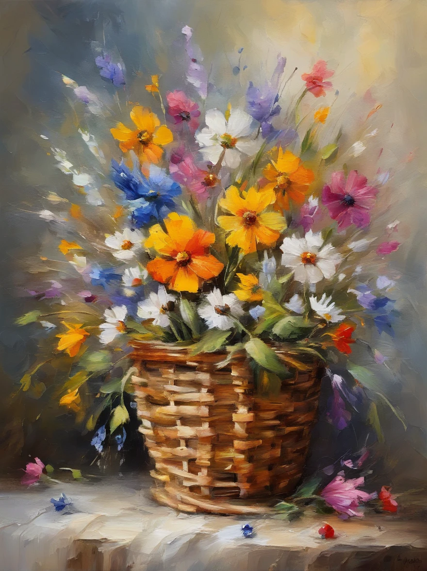 beautiful oil painting of vintage bouquet of wildflowers inside a wooden basket in an spring holiday atmosphere, watercolor art, masterpiece, soft bright colors, soft light, easter holiday decor, 8K, detailed, highest quality artwork