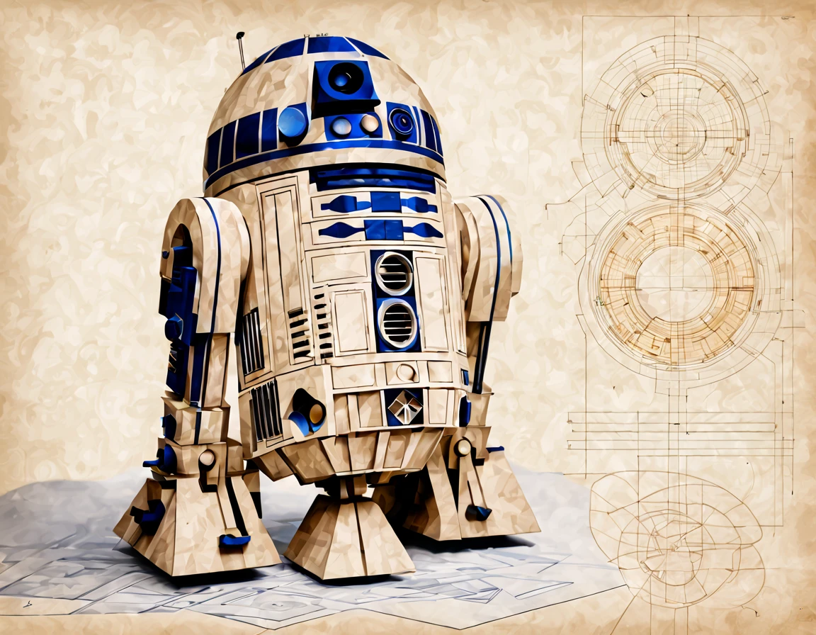 Fusion art, soft color tones, R2D2, linear and geometric art, technical drawing, parchment drawing, combining different models, non-standard interpretation.