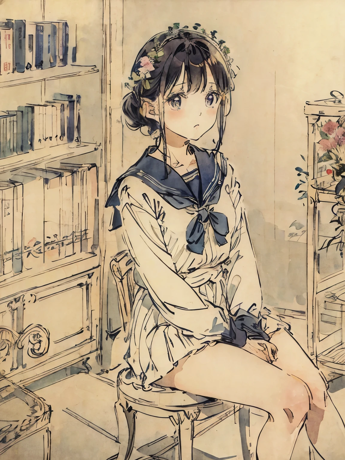 large room、sailor suit、中央の椅子に座ってcross your legs、lots of flowers around the chair、Fashionable、cross your legs、look down、bookshelf、photo studio、antique