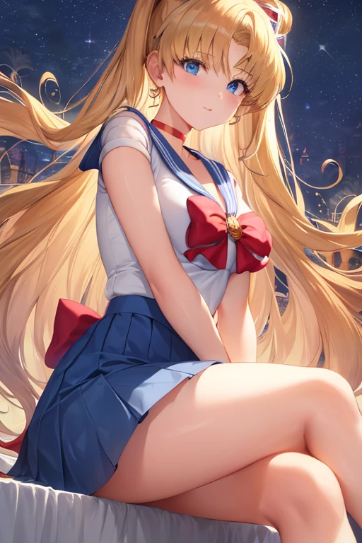 masterpiece, best quality, high resolution, 1 girl, solo, sailor senshi uniform, SMMoon, 1990s \(style\), blonde hair, magical girl, blue eyes, blue skirt, elbow-length gloves, tiara, pleated skirt , blue sailor necklace, miniskirt, choker, blue choker, white gloves, very long hair, jewelry, earrings, sitting, legs crossed, very sexy. CROSING LEGS, SHOW BOOTY