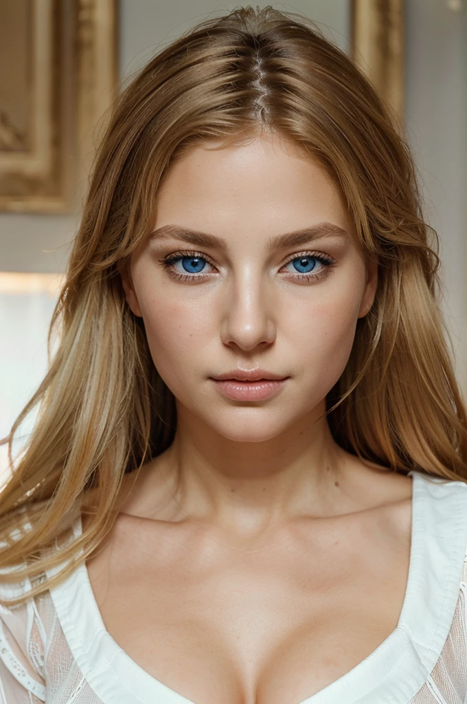 A realistic full body picture, of a European woman, age 30, with messy hair and blonde highlights, boasts beautiful blue eyes and an exquisite face. Dressed formally in a white shirt with an open collar, the high quality image captures every intricate detail of her corporeal form. Her eyes radiate charm and allure, as the image showcases their natural beauty and captivating depth. The image presents a clear, sharp focus, bringing every pore and texture of her skin to life. The blonde highlights catch the light, adding a luminous glow to her disheveled yet alluring hair. This stunning picture conveys the elegance and sophistication of a woman at