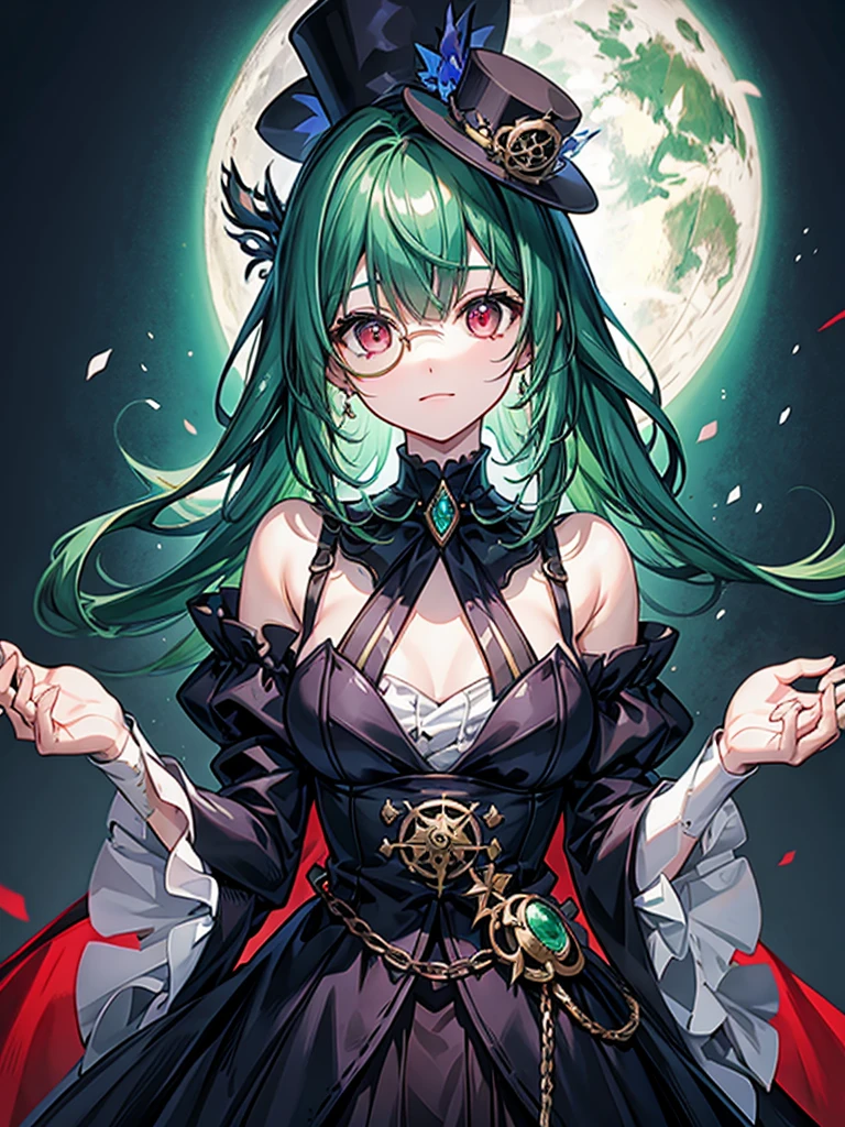 (((masterpiece、Highest image quality、highest quality、highly detailed unity 8kwallpaper)))、((Illustration of one girl、upper body))、(((beautiful girl)))、(librarian)、(Emerald green hair、sidelocks:1.2、red eyes、crazy smile)、(((flat chest)))、monocle、pocket watch、(((Black top hat、tuxedo)))、grand library