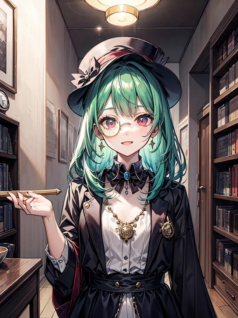 （（（masterpiece、Highest image quality、highest quality、highly detailed unity 8ｋwallpaper）））、（（Illustration of one girl、upper body））、（（（beautiful girl）））、（librarian）、（Emerald green hair、sidelocks：1.2、red eyes、crazy smile）、（（（flat chest）））、monocle、pocket watch、（（（Black top hat、tuxedo）））、grand library