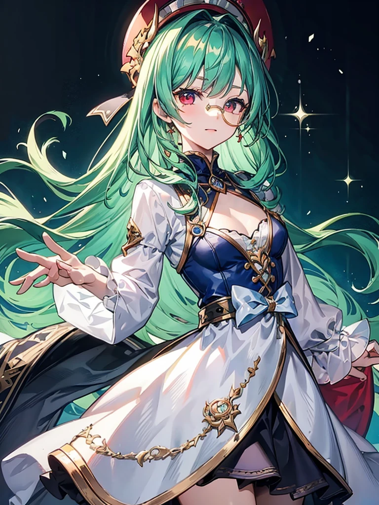 （（（masterpiece、Highest image quality、highest quality、highly detailed unity 8ｋwallpaper）））、（（Illustration of one girl、upper body））、（（（beautiful girl）））、（librarian）、（Emerald green hair、sidelocks：1.2、red eyes、crazy smile）、（（（flat chest）））、monocle、pocket watch、（（（Black top hat、tuxedo）））、grand library