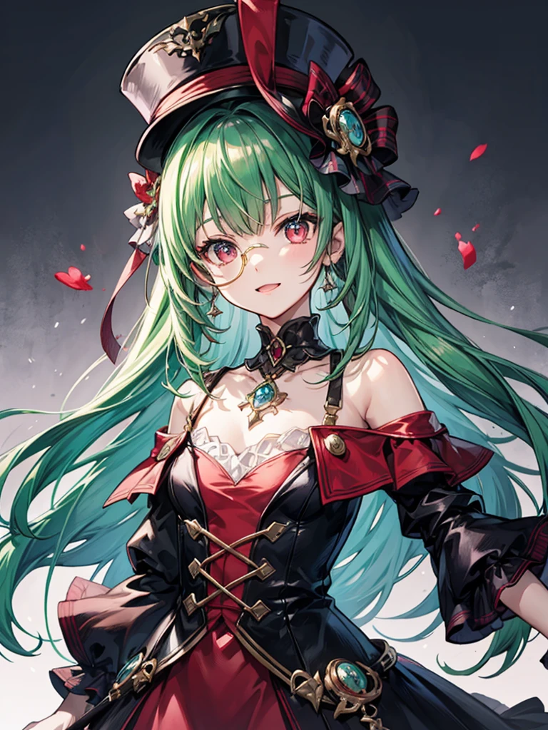 （（（masterpiece、Highest image quality、highest quality、highly detailed unity 8ｋwallpaper）））、（（Illustration of one girl、upper body））、（（（beautiful girl）））、（librarian）、（Emerald green hair、sidelocks：1.2、red eyes、crazy smile）、（（（flat chest）））、monocle、pocket watch、（（（Black top hat、tuxedo）））、grand library