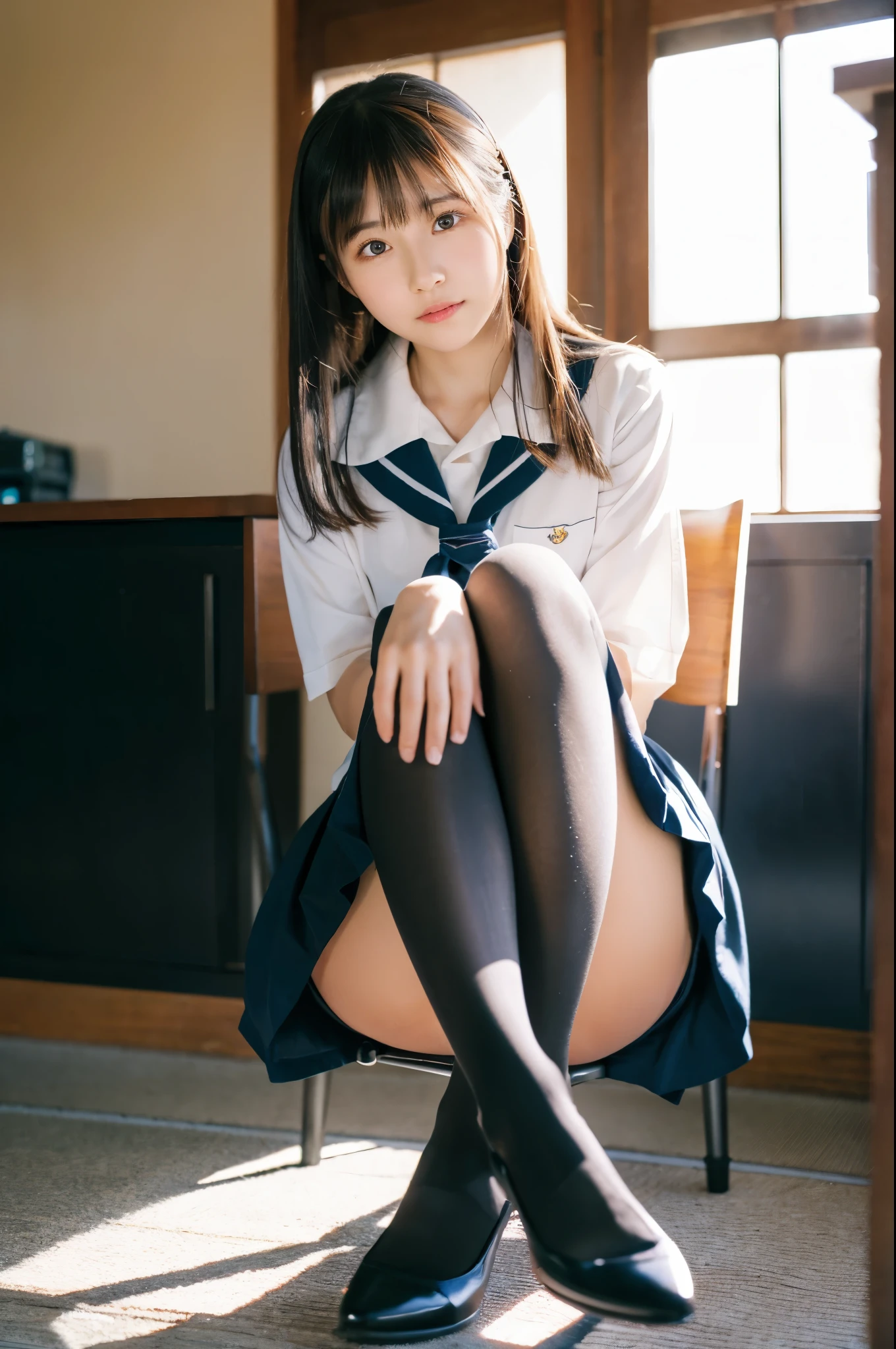 ulzzang -6500-v1.1, (Raw Photo:1.2), (Realistic Photo), Beautiful Girl with High Detail, (Realistic:1.4), Beautiful eyes and face with High Detail, Beautiful eyes with High Detail, Japanese school uniform, School uniform, (Ultra Realistic Pantyhose:1.2), Shoeless, Sitting on a chair, (Ultra Realistic pantyhose:1. 2), shoeless, toes, sitting on chair, big file size, high resolution, very detailed, best quality, [masterpiece:1. 6], illustration, very detailed, nffsw, detailed, best quality, 8k wallpaper, movie lighting, one girl, , perfect figure, cute droopy eyes, beautiful big eyes, eyes , (( masutepiece)), best quality, 1 girl, eyeshadow, ((FULL BODYSHOT:1.4)), (とても愛情深い笑顔:1.2),.
