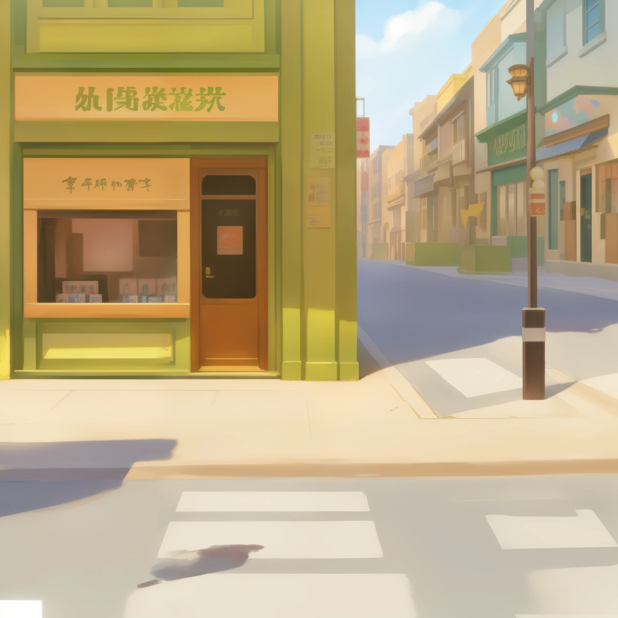 painting of a street corner with a store front and a street light, zootopia concept art, anime background art, town center background, background art, town background, in zootopia city, street background, studio ghibli environment, anime scenery concept art, random background scene, city street view background, painted in anime painter studio, studio ghibli sunlight, interior background art