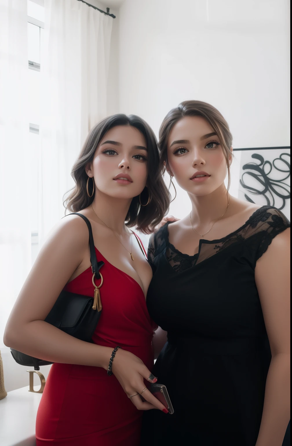 Two gorgeous girls,Gorgeous photo, girl in black and girl in red, super quality, in the studio, Beautiful hair, Styled hair