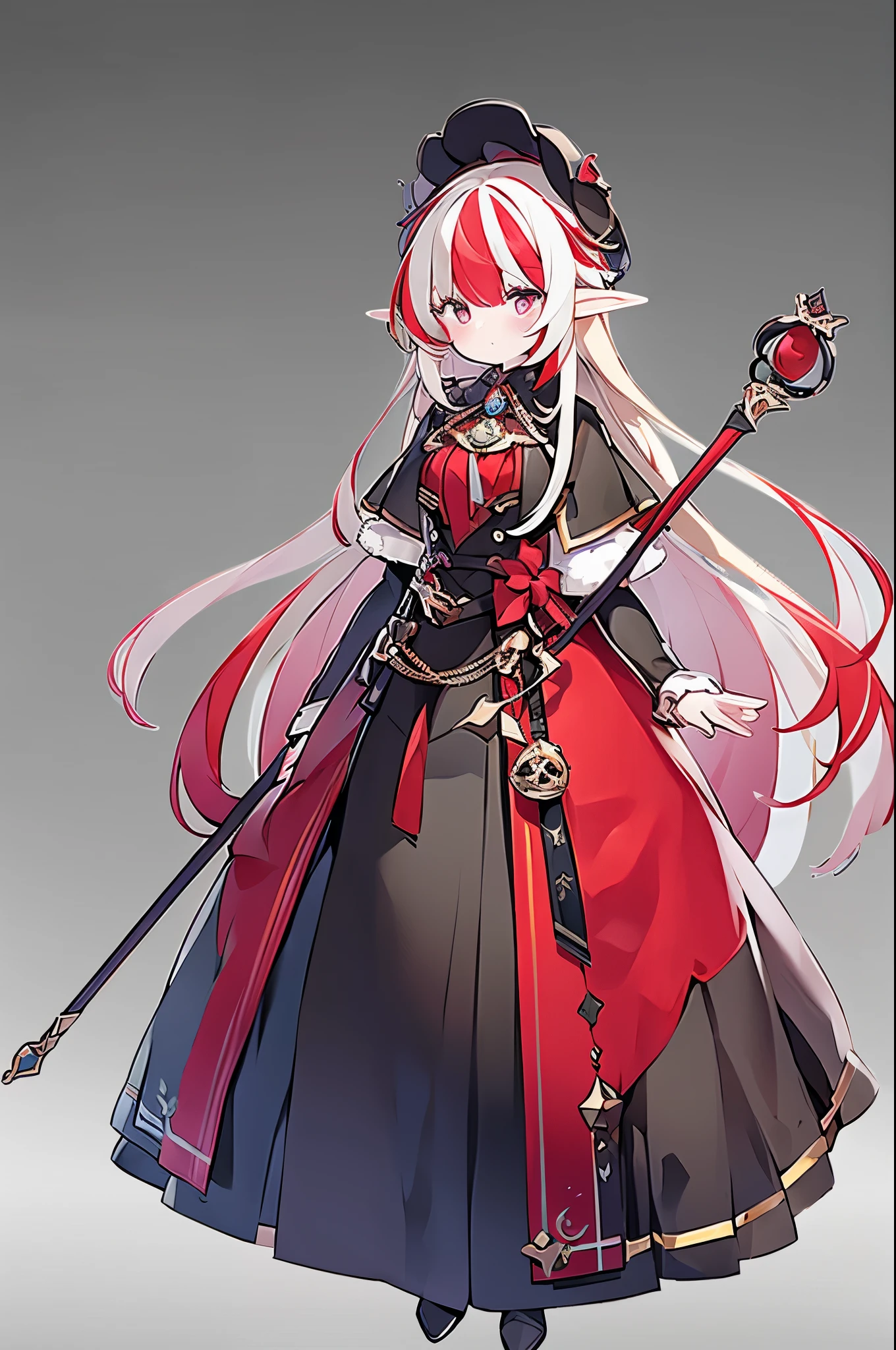 ((masterpiece)), ((best quality)), 1girl, solo, Concept art, standing figure painting, (elf), BREAK blonde long hair, ((highlights hair, red streaked hair)), red cool eyes, BREAK (red and black theme), wizard costume, having a magical staff, BREAK ((no background, white background))