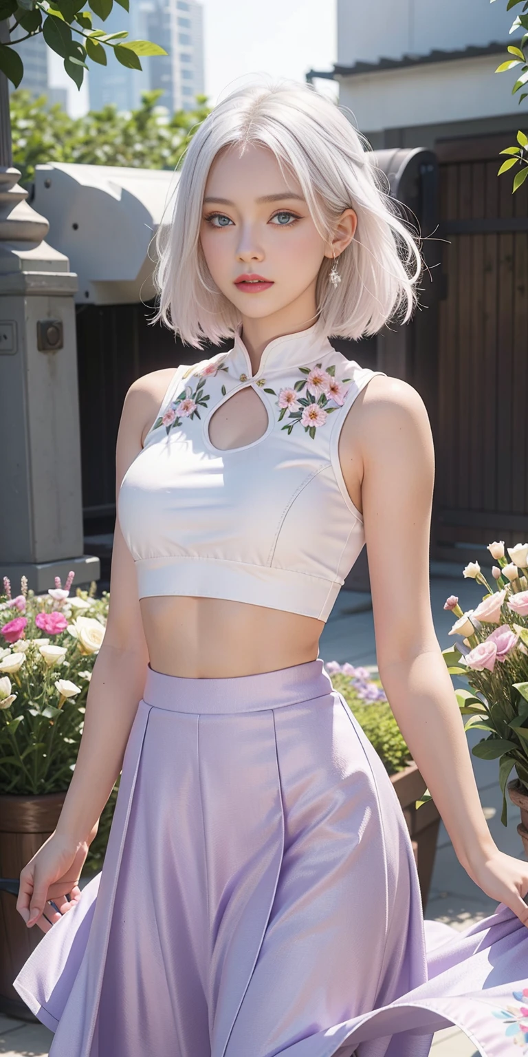 realistic, 1girl, white hair, purple eyes, glowing eyes, crop top, skirt, parted lips, blush, night, flowers, sun, sunlight,