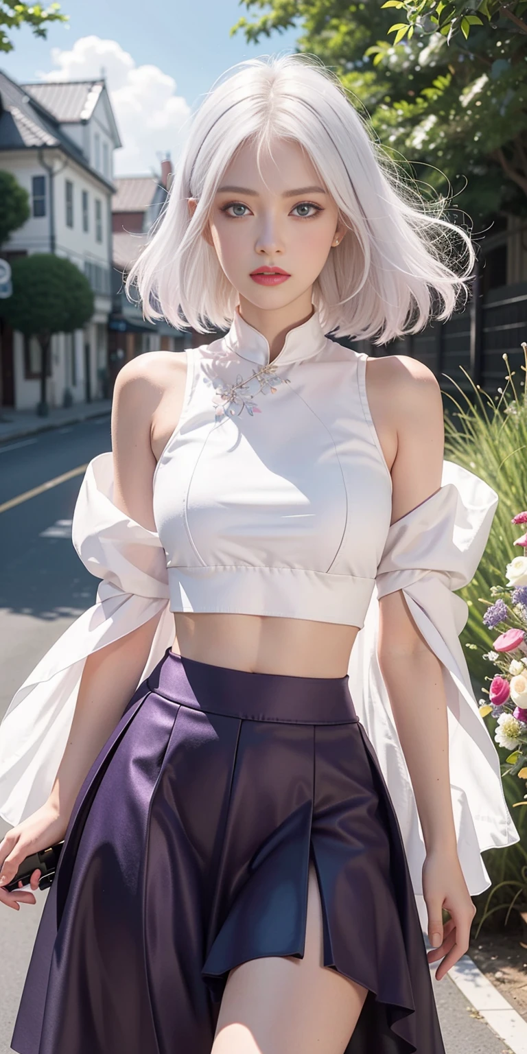 realistic, 1girl, white hair, purple eyes, glowing eyes, crop top, skirt, parted lips, blush, night, flowers, sun, sunlight,