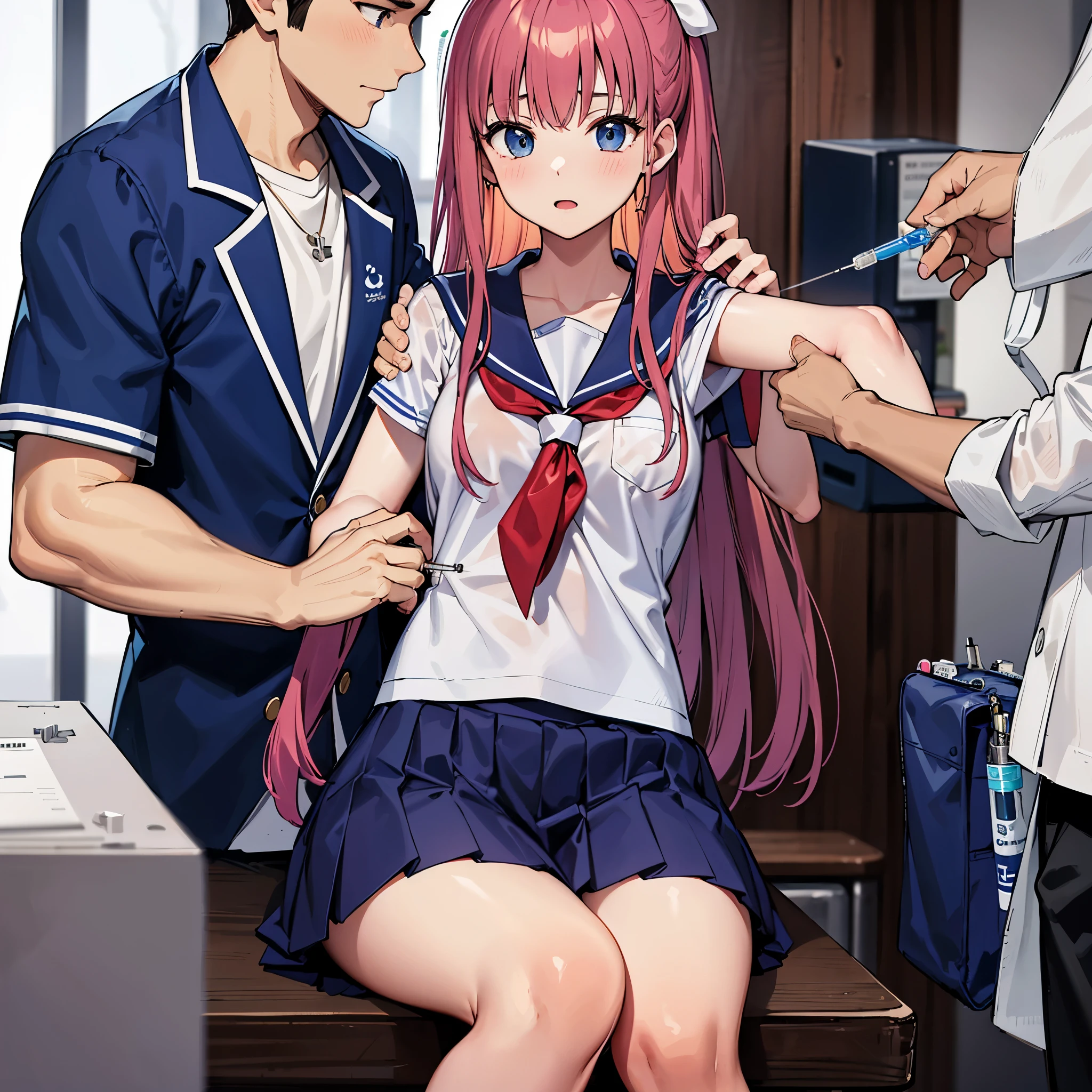 High school girl in a sailor suit receiving vaccination、a man holds a syringe