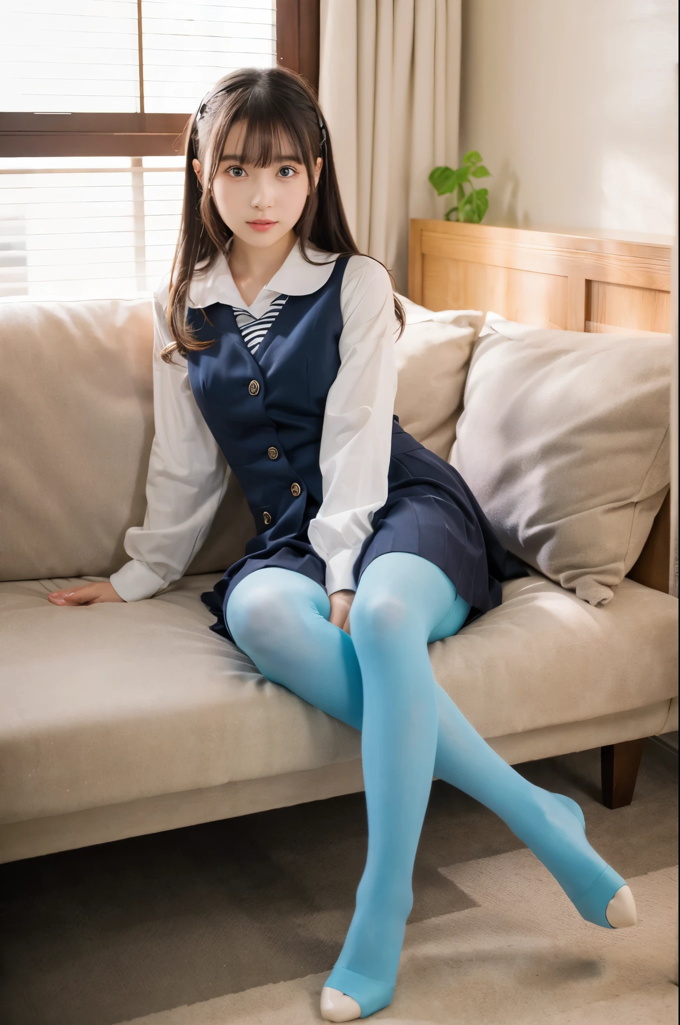 ulzzang -6500-v1.1, (raw photo:1.2), (realistic photo), detailed beautiful girl, (realistic:1.4), (とても愛情深い笑顔:1.2)、detailed eyes and face, beautiful detailed eyes, japanese school uniform, uniform, (super realistic pantyhose:1.2), no shoes, toes, sitting on chair Large File Size, High Resolution, Highly Detailed, Best Quality, [Masterpiece:1. 6], illustration, highly detailed, nffsw, detailed, best quality, 8k wallpaper, movie lighting, one girl, , perfect figure, cute droopy eyes, beautiful big eyes, eyes, (( masutepiece)), top quality, one girl, eyeshadow, ((FULL BODYSHOT:1.4)),.