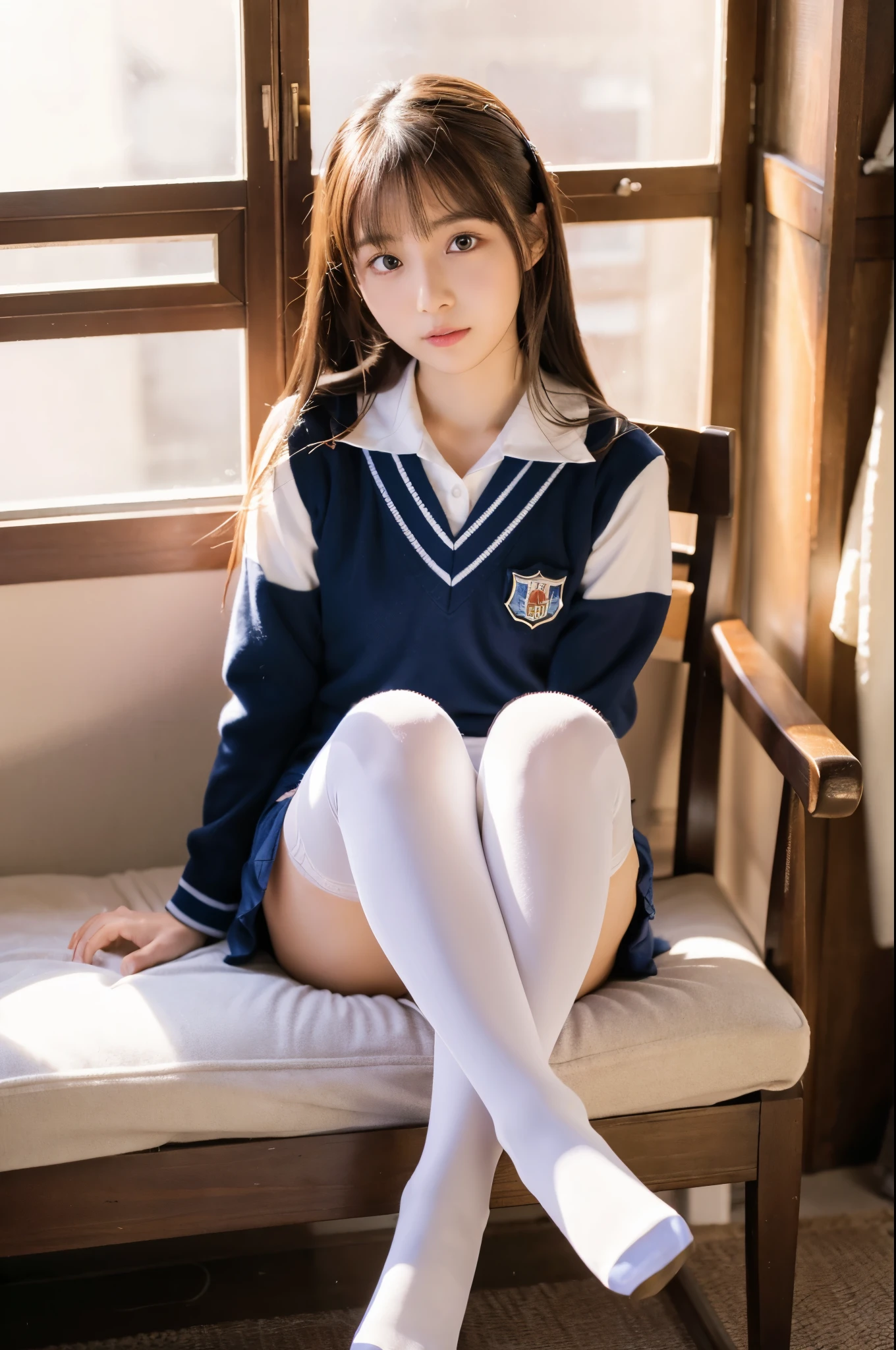 ulzzang -6500-v1.1, (raw photo:1.2), (realistic photo), detailed beautiful girl, (realistic:1.4), (とても愛情深い笑顔:1.2)、detailed eyes and face, beautiful detailed eyes, japanese school uniform, uniform, (super realistic pantyhose:1.2), no shoes, toes, sitting on chair Large File Size, High Resolution, Highly Detailed, Best Quality, [Masterpiece:1. 6], illustration, highly detailed, nffsw, detailed, best quality, 8k wallpaper, movie lighting, one girl, , perfect figure, cute droopy eyes, beautiful big eyes, eyes, (( masutepiece)), top quality, one girl, eyeshadow, ((FULL BODYSHOT:1.4)),.