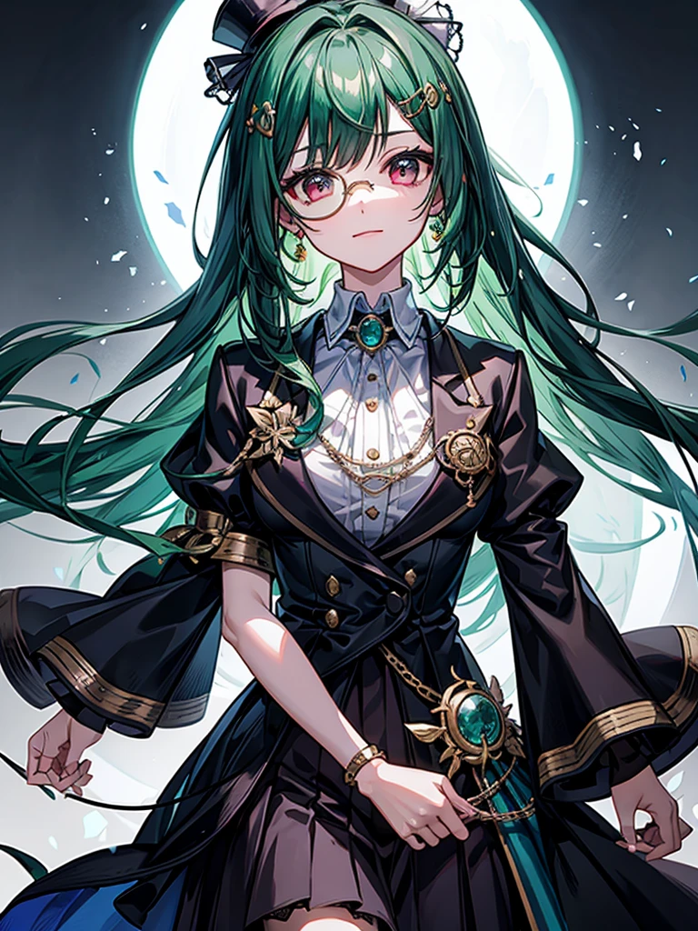 (((masterpiece、Highest image quality、highest quality、highly detailed unity 8kwallpaper)))、((Illustration of one girl、upper body))、(((beautiful girl)))、(librarian)、(Emerald green hair、sidelocks:1.2、red eyes、crazy smile)、(((flat chest)))、monocle、pocket watch、(((Black top hat、tuxedo)))、grand library