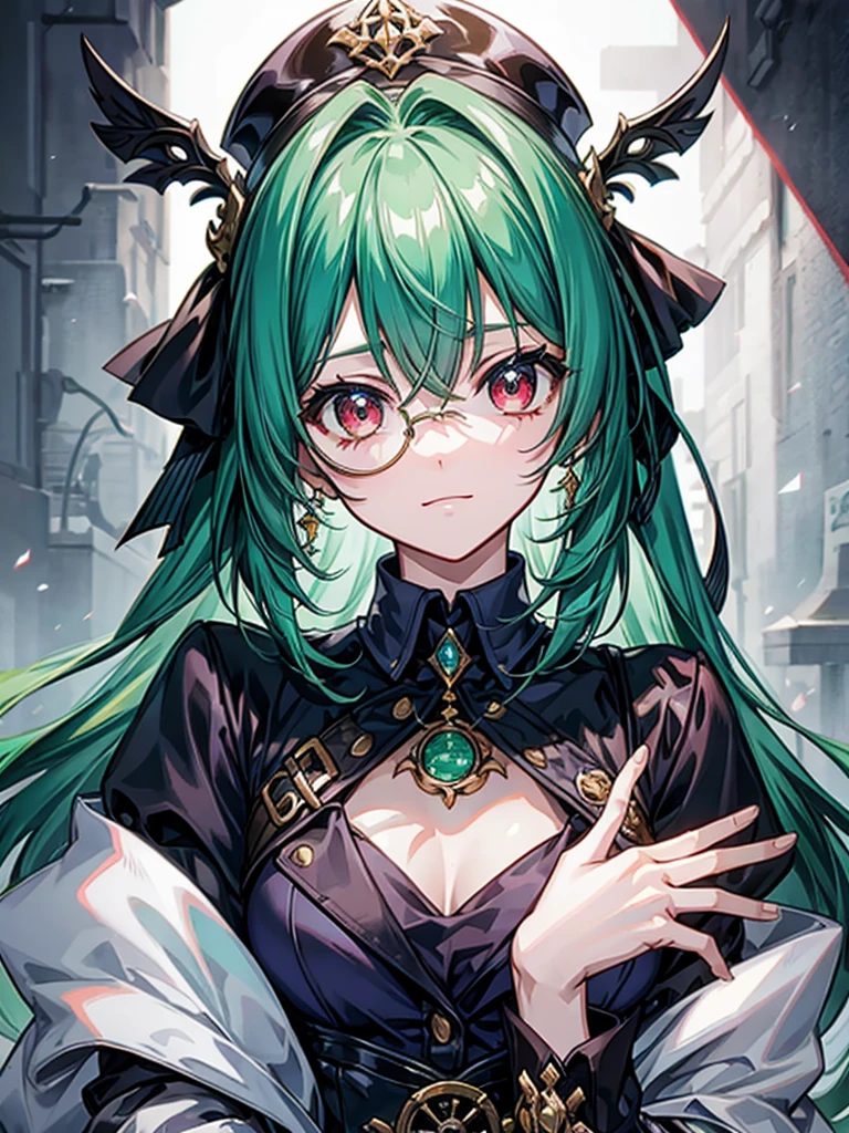 （（（masterpiece、Highest image quality、highest quality、highly detailed unity 8ｋwallpaper）））、（（Illustration of one girl））、（（（beautiful girl）））、（Emerald green hair、sidelocks：1.2、red eyes）、（（（Black top hat、tuxedo）））、monocle、glasgow smile