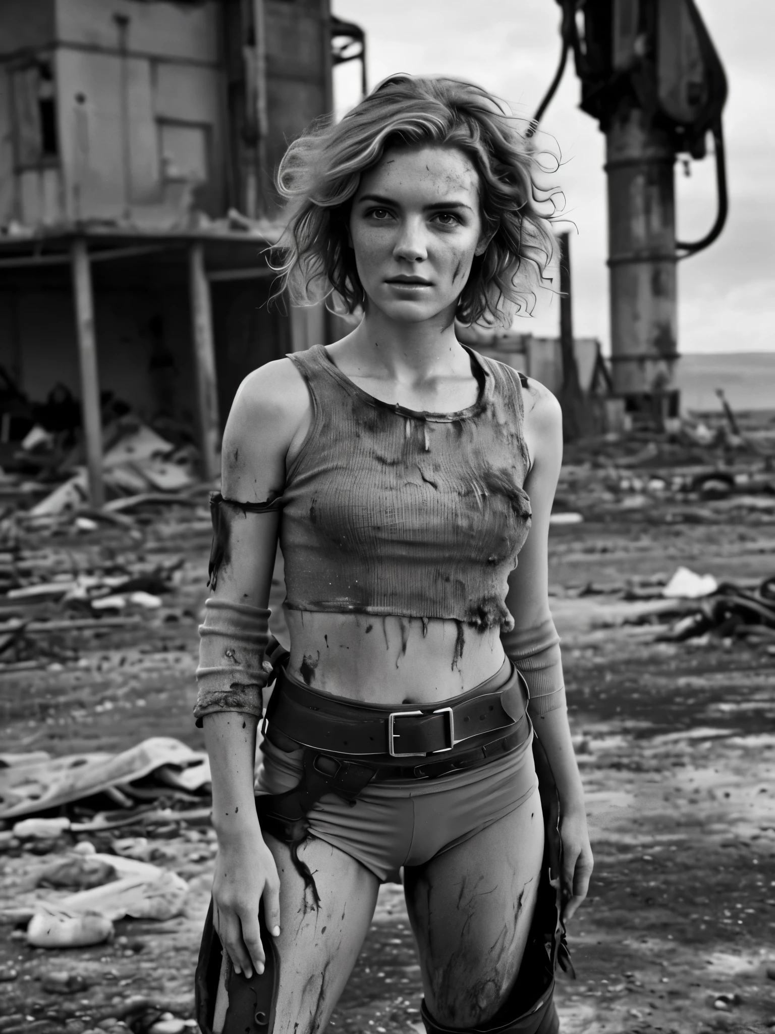 Photorealistic, masterpiece grayscale photo, woman with messy hair and poor minuscule postapocalyptic clothes, cute sexy, (detailed wastelands background), ultra sharp focus, detailed face, (((posing))), random hair color, short hair, beautiful eyes, full body, high quality black and white image