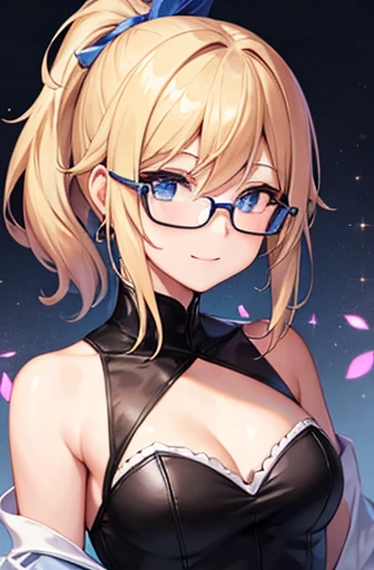 {girl 1}、{{{masterpiece}}}、{{{{{highest quality}}}}}、{{{High resolution}}}、{{{blonde ponytail}}}、{{beautiful girl}}、{{{small breasts}}}、blue eyes、glasses、dress、high resolution、{{{game CG}}}、{{{bright}}}、Sparkling、{{{{round face}}}}、best smile