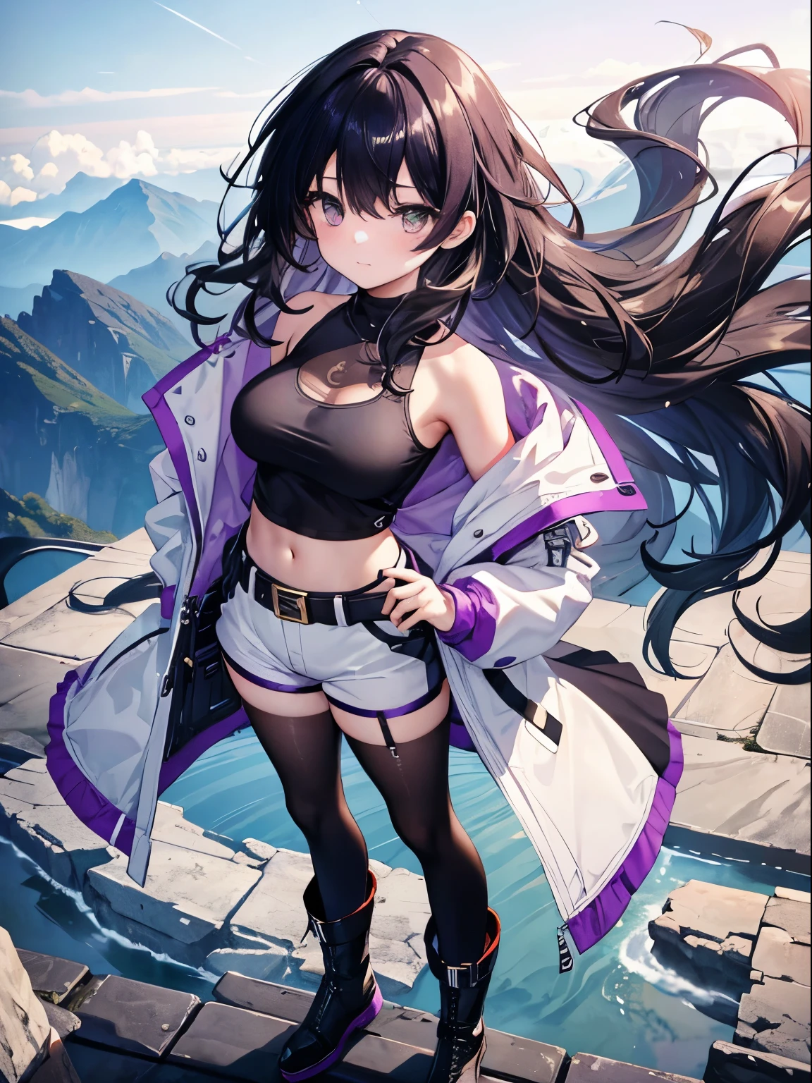 Golden Eyes、(Best Quality,4K,8K,hight resolution,),Ultra-detailed,,(Curly,Wavy) Black hair,Black tank top, White Hot Pants, Purple tights, long boots,  adventurer, Standing Pose, White jacket、petite stature、Colossal tits、Navel Ejection、look down from above、full body seen、Dynamism、Long belt、Purple Thunder、