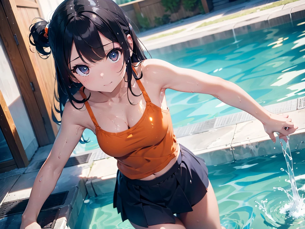 (((((masterpiece))))),highest quality,(((real))),(((all fours pose))),swimsuit((Super soaked,(navy blue mini skirt,((Orange camisole))))),((indoor pool((water is slimy)))),(((((ぬるぬるローションでSuper soaked))))),