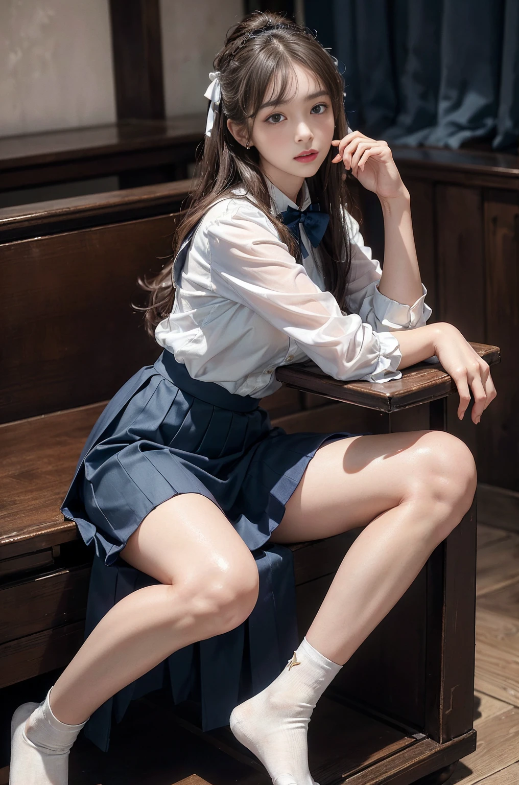 20 year old woman, (high top faded: 1.3), (low(low)), (soft focus), HD, masterpiece, HD, HD, 4K, 超HD, Very realistic shadows, Surrealism, 戏剧性的lamp光, a girl, alone, Detailed face, lifelike眼睛, lifelike皮肤, dynamic hair, dynamic poses, dynamic angle, (White shirt), (dark blue bow tie) , (((Dark blue long skirt)))), ((white hem socks))), library background, (original photo: 1.2), (lifelike: 1.4), beautiful and delicate woman, Extremely detailed eyes and face, beautiful and delicate eyes, File size is large, 一个Very detailed的, high resolution, Very detailed, best quality, (bright interior), (soft light), (low对比度), ( see deeply), (Portrait of a beautiful woman illuminated by soft light), (Very delicate and elegant depiction), (short bangs), (Head color dark chestnut，Slightly brownish), (Subtle and silky waves), (long hair两侧错综复杂地编织小辫子), ((white hem socks))), illustration, Very detailed, BAPV, Unite, 8k wallpaper, Astonishing, Exquisite details, best quality, Highly detailed integrated 8K wallpapers so far this year, Coordinating Minister, lamp, 1 girl, 25 years old, (((No)), (camel toe), (half), (Sit on bent knees and legs)), long hair, dark theme, soothing tone, pastel colors, high contrast, (natural skin texture, Surrealism, soft light, No耐烦), Capturing the serene beauty of a young woman immersed in the peaceful atmosphere of a library.. Soft diffused light gently illuminates her features., It emphasizes her sophisticated look and creates a calm atmosphere. Library shelves filled with books，Provide background on knowledge and wisdom. It focuses on capturing models&#39;Natural charm and elegance, Stay calm and consider the nature of the moment. Cute 21 year old Japanese gravure model，Soft body, gray brown wavy hair, Decorate with ribbon, charming appearance. She wears a frilly white blouse, Blue ruffled skirt and white ruffled socks. sitting on bed, She hugged her knees，Staring at the camera, Exudes melancholy charm. Create scenes where beauty and ephemerality intertwine, national foundation