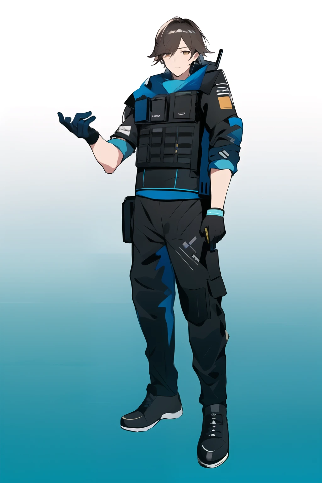 [(NO BACKGROUND:1.5),::5] (WHITE BACKGROUND:1.5), [(Arknights:1.5)::,5] (Tactical Uniform:1.5), (Handsome:1.5), [(Arknights Style:1.5),::5] standing, full body, (1boy, 1 boy, boy, male, one boy, one male:1.5), solo, masterpiece, highres, 4k, high quality, digital art, sparkling eyes, (Dark blue uniform:1.4), Uniform, (blue style:1.4), (line:1.2), (brown hair:1.3), (shoes:1.5), (gloves:1.3), (detailed:1.4), short hair, (Arknights operator:1.4)