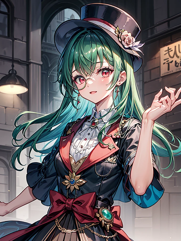 （（（masterpiece、Highest image quality、highest quality、highly detailed unity 8ｋwallpaper）））、（（Illustration of one girl、upper body））、（（（beautiful girl）））、（librarian）、（Emerald green hair、sidelocks：1.2、red eyes、crazy smile）、（（（flat chest）））、monocle、pocket watch、（（（Black top hat、tuxedo）））、grand library