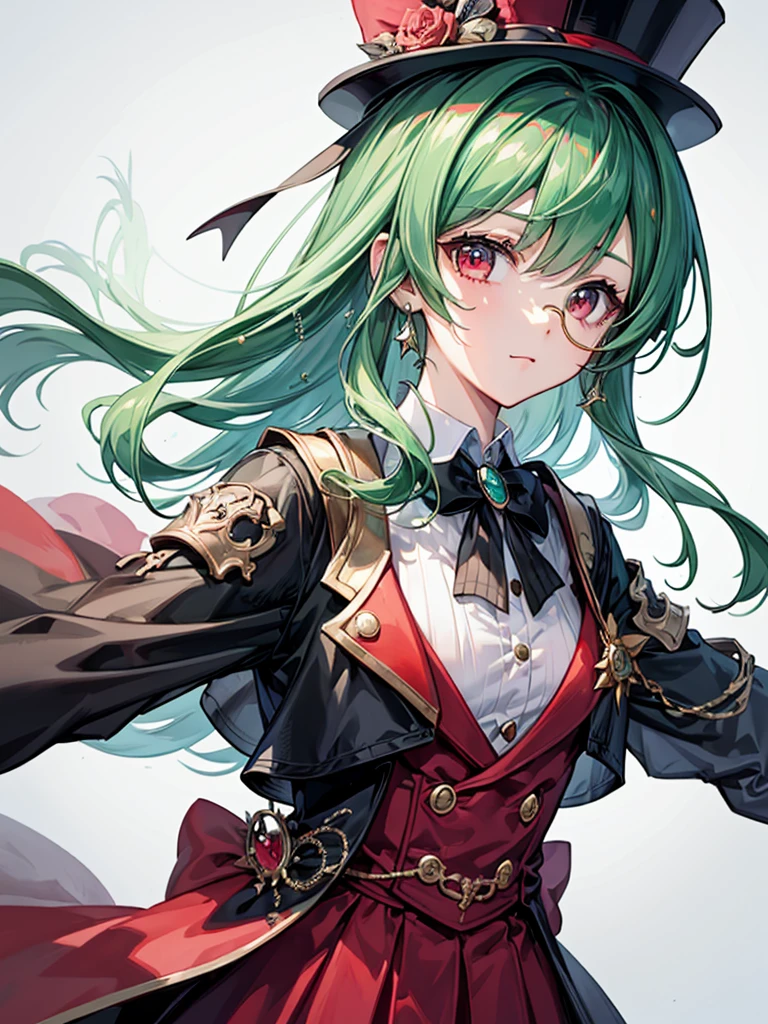 （（（masterpiece、Highest image quality、highest quality、highly detailed unity 8ｋwallpaper）））、（（Illustration of one girl、upper body））、（（（beautiful girl）））、（librarian）、（Emerald green hair、sidelocks：1.2、red eyes、crazy smile）、（（（flat chest）））、monocle、pocket watch、（（（Black top hat、tuxedo）））、grand library