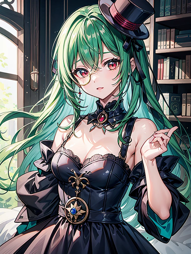 (((masterpiece、Highest image quality、highest quality、highly detailed unity 8kwallpaper)))、((Illustration of one girl、upper body))、(((beautiful girl)))、(librarian)、(Emerald green hair、sidelocks:1.2、red eyes、crazy smile)、(((flat chest)))、monocle、pocket watch、(((Black top hat、tuxedo)))、grand library