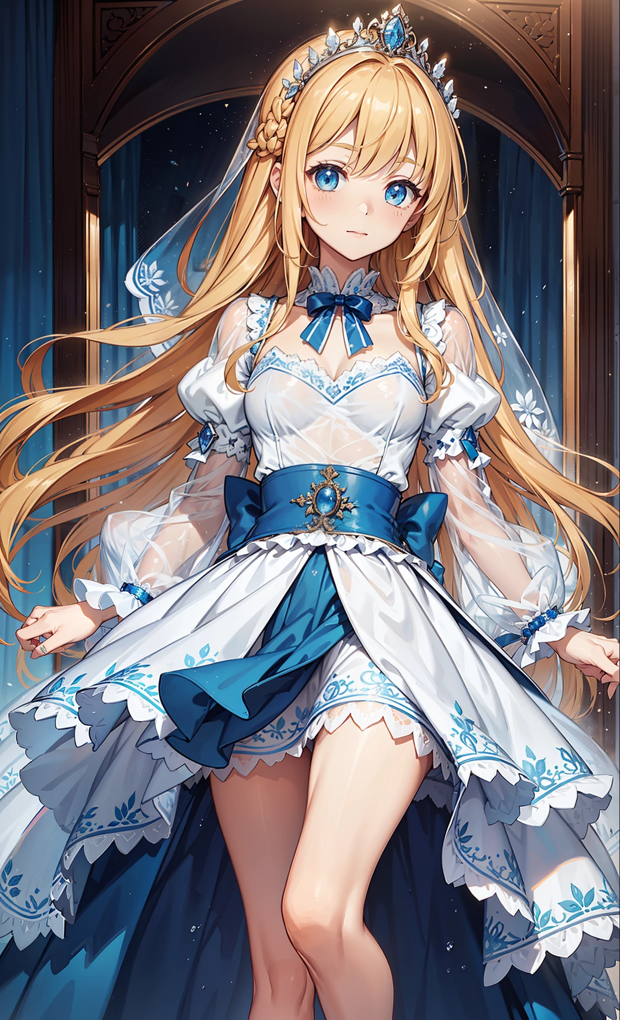 {{{{masterpiece}}}}, {{{Super detailed}}}, {{{high definition}}}, {{good anatomy}}, (((best quality))), ((Very delicate and beautiful)), {{Very detailed and refined}}, {8k CG wallpaper}, {{Enlightenment}}, (Mainly white home clothes with princess skirts:1.2),Blonde,blue eyes,Minimalism,Ruffles,Transparent lace,Exquisite accessories,Exquisite pattern,Beautifully dressed,princess crown,see through transparent clothes,A small number of dark blue-white patterns,Beautiful and delicate face,Bedroom scene in western mythology,night,light,night,the only person,(flowing skirt:1.1),tempting pose