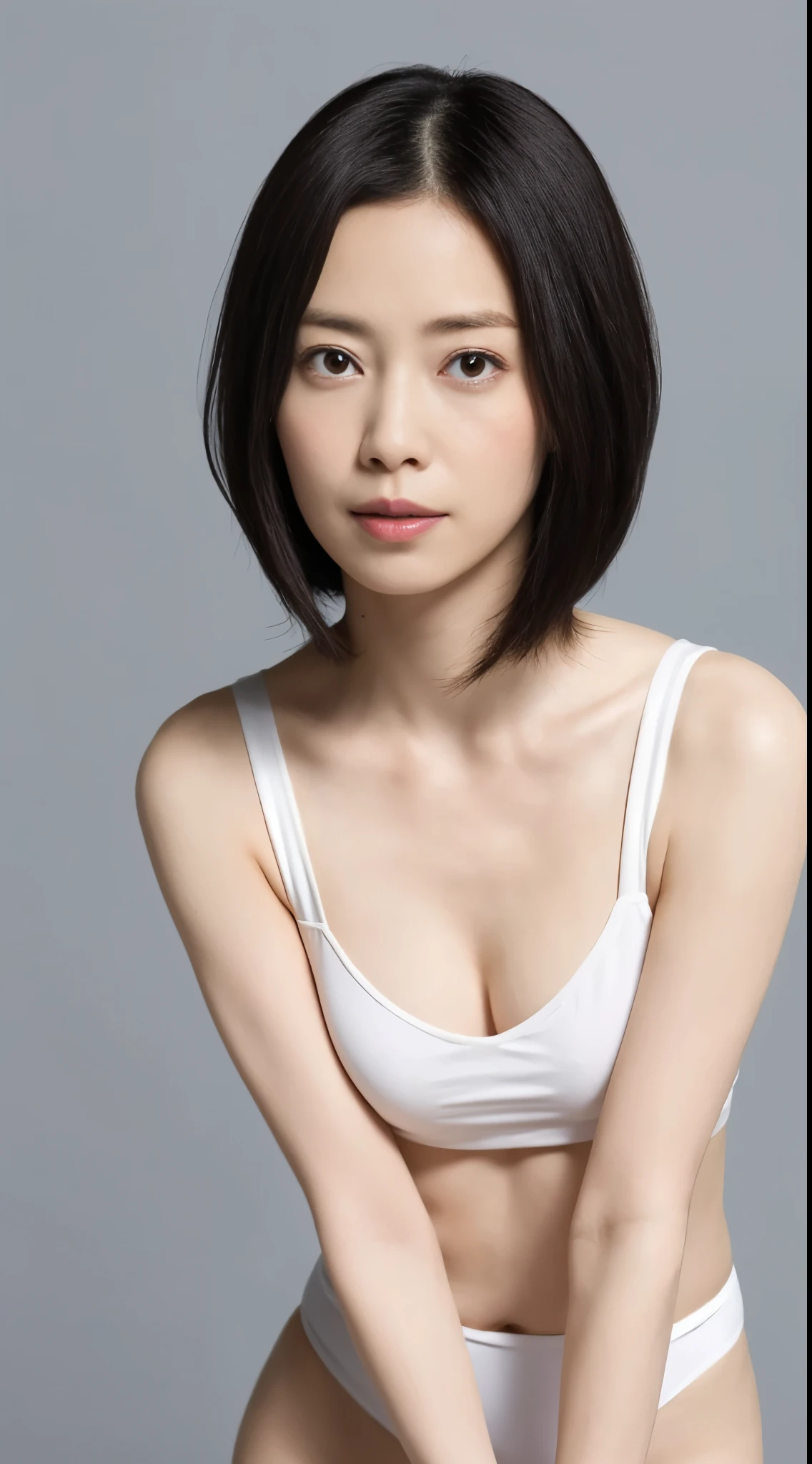 Japanese, Women of short stature, petite physique, Medium build, medium height, slightly plump, Short arms, single eyelid, long slit eyes, Ephemeral atmosphere, 30-year-old girl, black bob hair, ((thin lips)), white top and bottom underwear, muste piece, best quality, detailed skin, detailed eyes, ,8K, good anatomy, upper body portrait