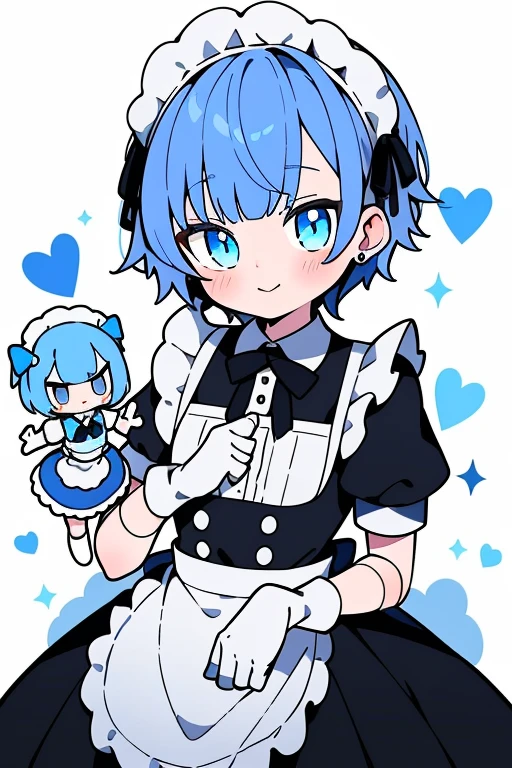 aged up, 1girl,blue hair,blue eyes,solo,joints,maid,doll joints,apron,smile,gloves,short hair,maid headdress,white gloves,dress,blush,ribbon,short sleeves,black dress,maid apron,closed mouth,bangs,frills,puffy sleeves,puffy short sleeves,white apron,