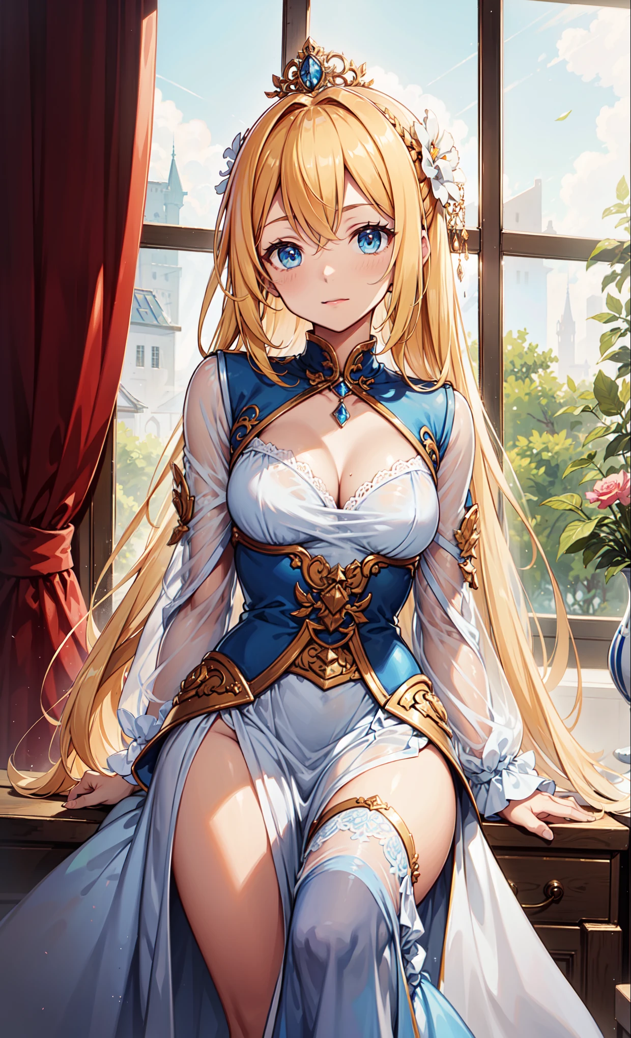 {{{{masterpiece}}}}, {{{Super detailed}}}, {{{high definition}}}, {{good anatomy}}, (((best quality))), ((Very delicate and beautiful)), {{Very detailed and refined}}, {8k CG wallpaper}, {{Enlightenment}}, (Mainly white home clothes with princess skirts:1.2),Blonde,blue eyes,Minimalism,Ruffles,Transparent lace,Exquisite accessories,Exquisite pattern,Beautifully dressed,princess crown,see through transparent clothes,A small number of dark blue-white patterns,Beautiful and delicate face,Bedroom scene in western mythology,night,light,night,the only person,(flowing skirt:1.1),tempting pose
