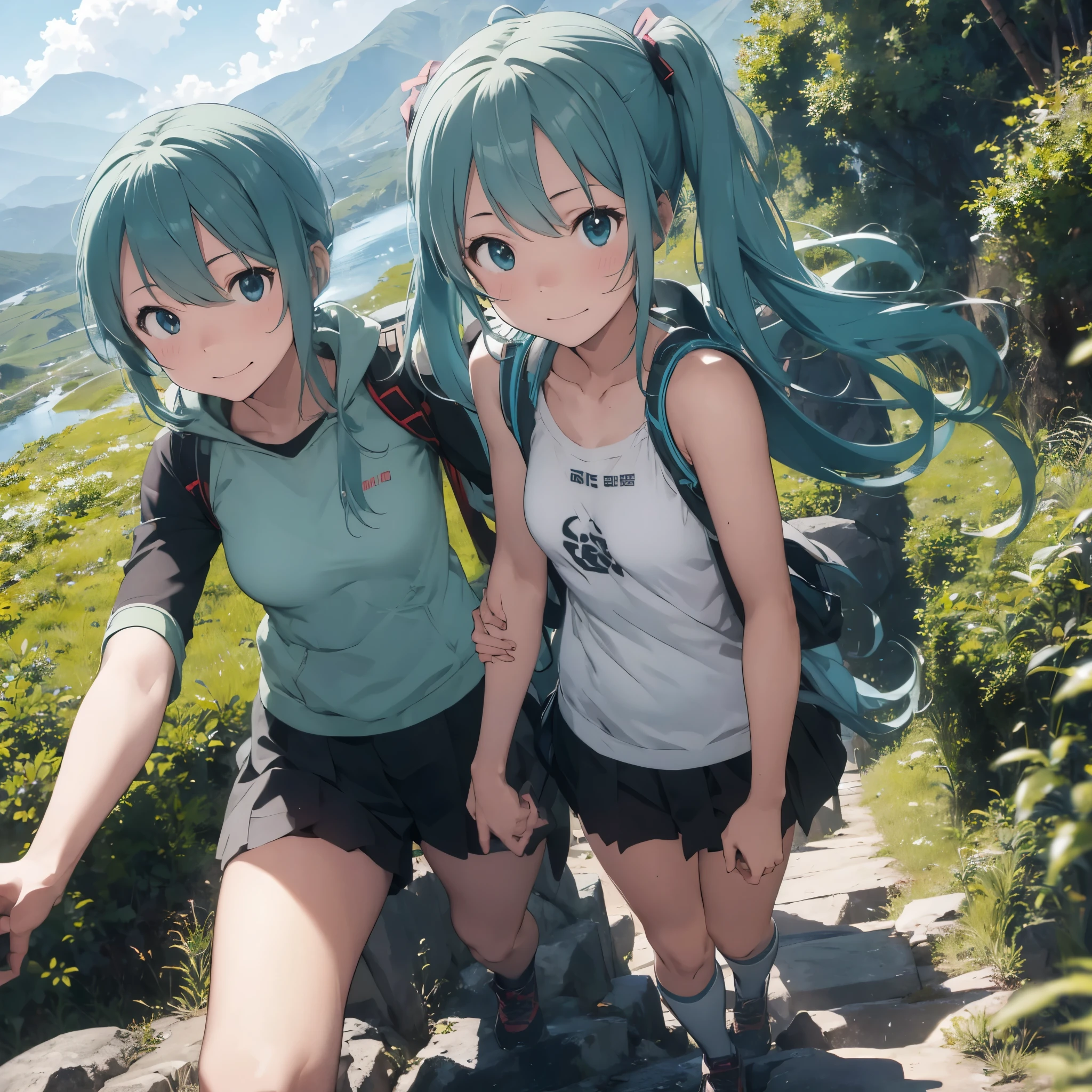 Hatsune Miku,beautiful breasts,climb the mountain,hiking