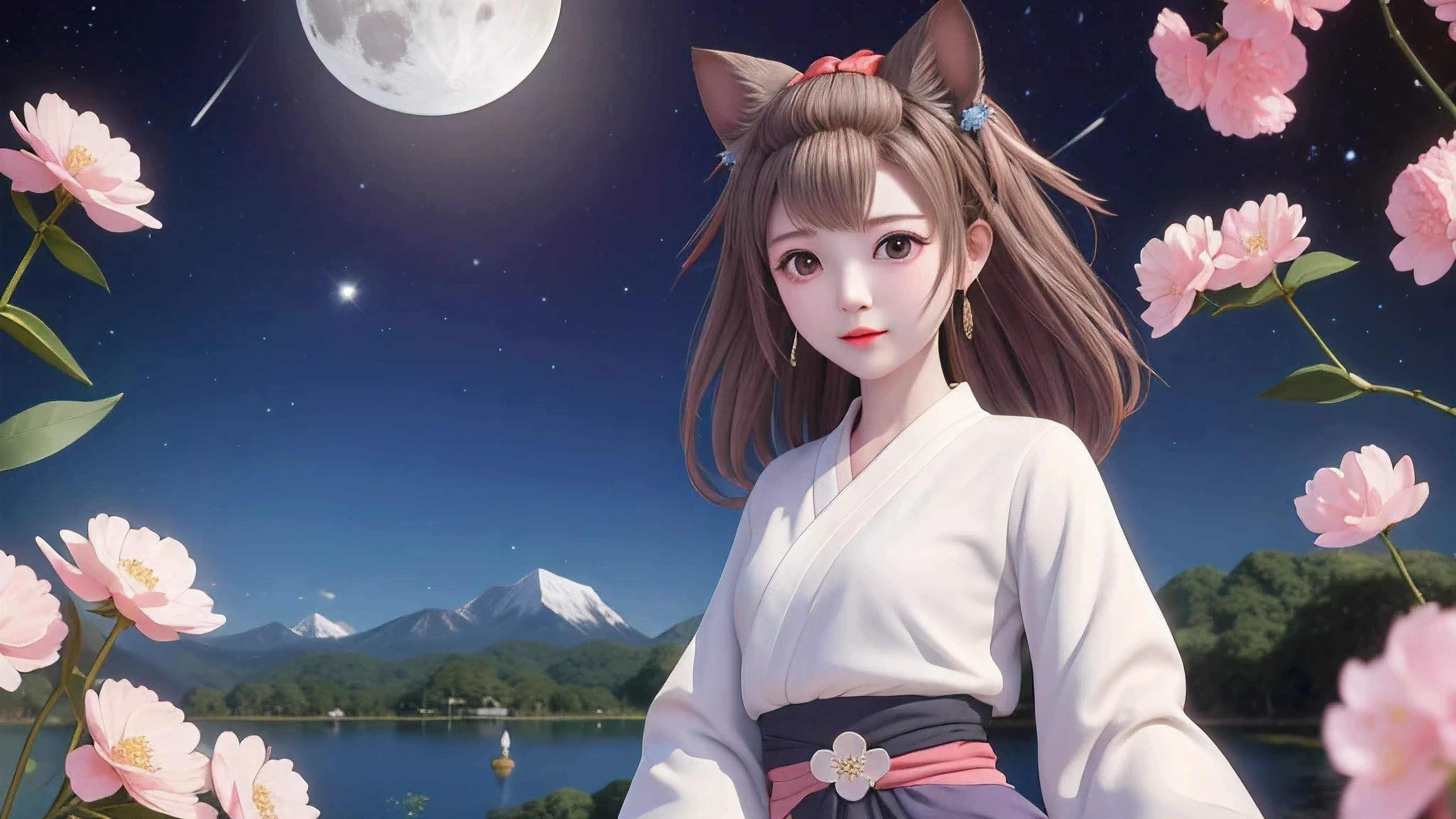 masterpiece, best quality, 8k, wonderful, lake, mountain, bamboo forest, wooden house, moon, night, star sky, Galaxy, blossom, wood boat, 1girl, brown hair, brown eyes, bangs pinned back, forehead, animal ears, animal tail, very long sleeves, petite, kimono, girl, hair beautiful, , yugioh, ash blossom & joyous spring, cry, tear, look the other way, background clear full HD, small eyes, platinum hair