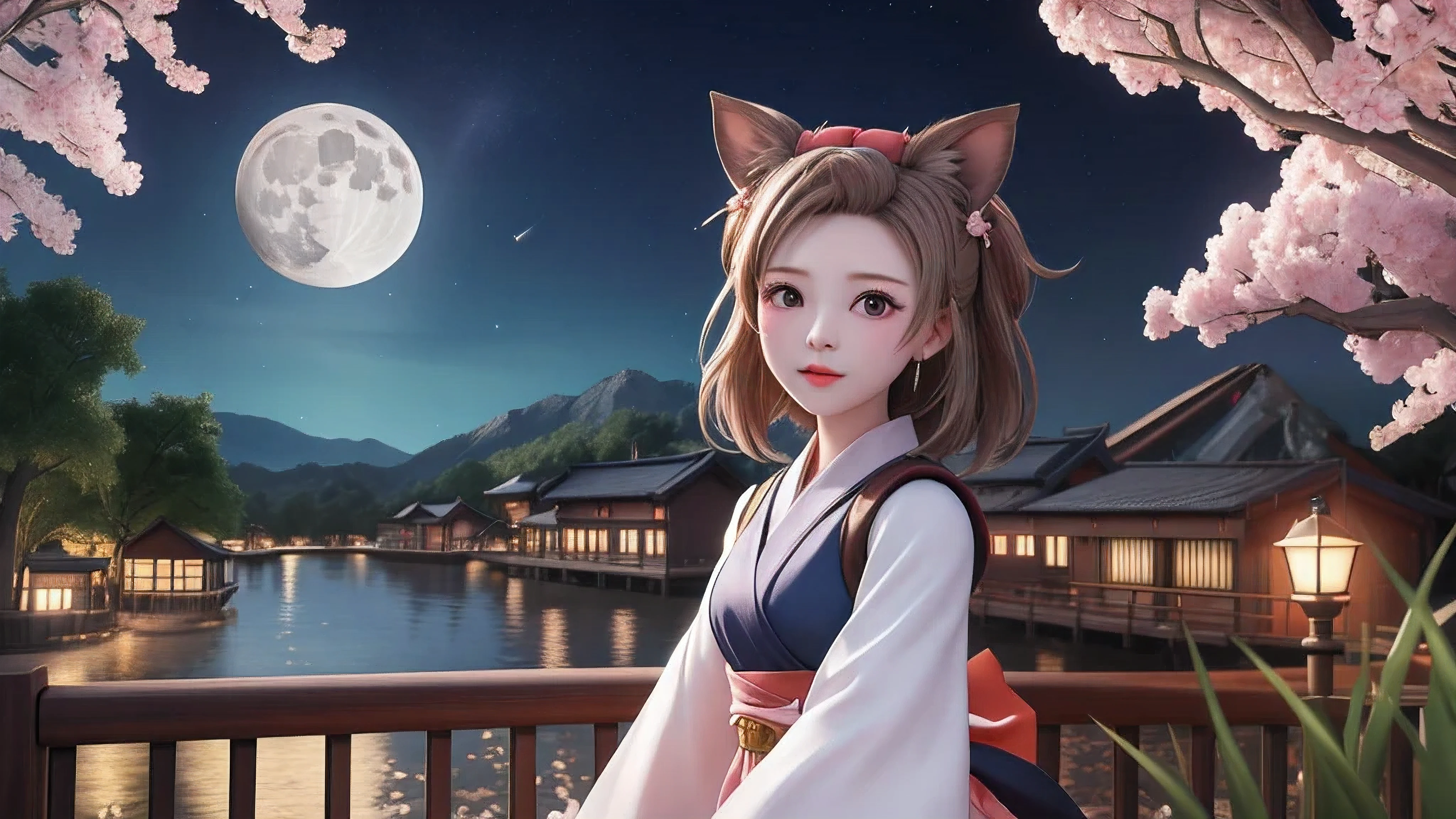 masterpiece, best quality, 8k, wonderful, lake, mountain, bamboo forest, wooden house, moon, night, star sky, Galaxy, blossom, wood boat, 1girl, brown hair, brown eyes, bangs pinned back, forehead, animal ears, animal tail, very long sleeves, petite, kimono, girl, hair beautiful, , yugioh, ash blossom & joyous spring, cry, tear, look the other way, background clear full HD, small eyes, platinum hair