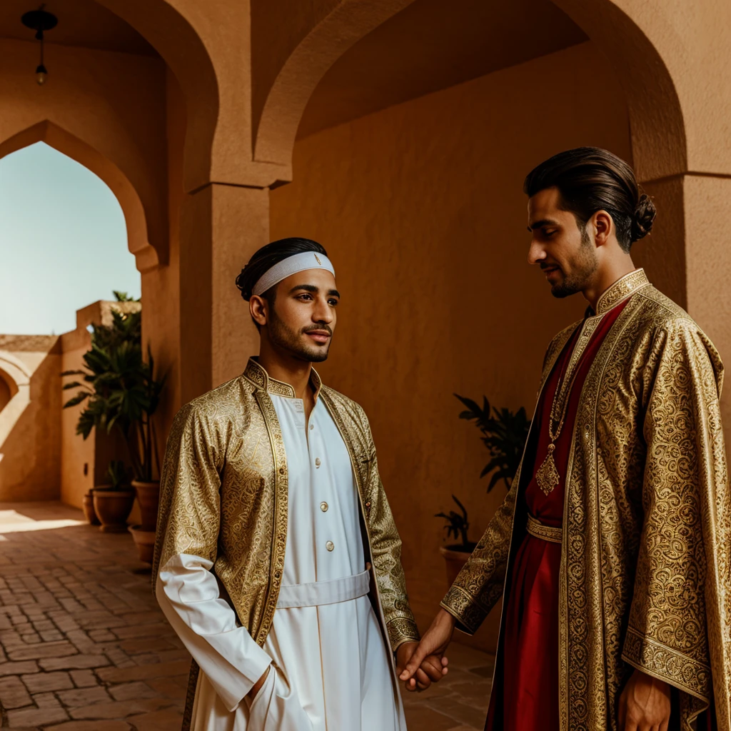  The husband and his wife shine in authentic Moroccan fashion, as the husband wears a traditional dress that highlights beautiful colors and artistic patterns, which reflects his fine taste and respect for his heritage.. While the wife appears in an elaborate Moroccan dress, highlighting her beauty and femininity. The couple exudes an atmosphere of love and understanding, and shines with their unique details, achieving a wonderful balance between authenticity and elegance..