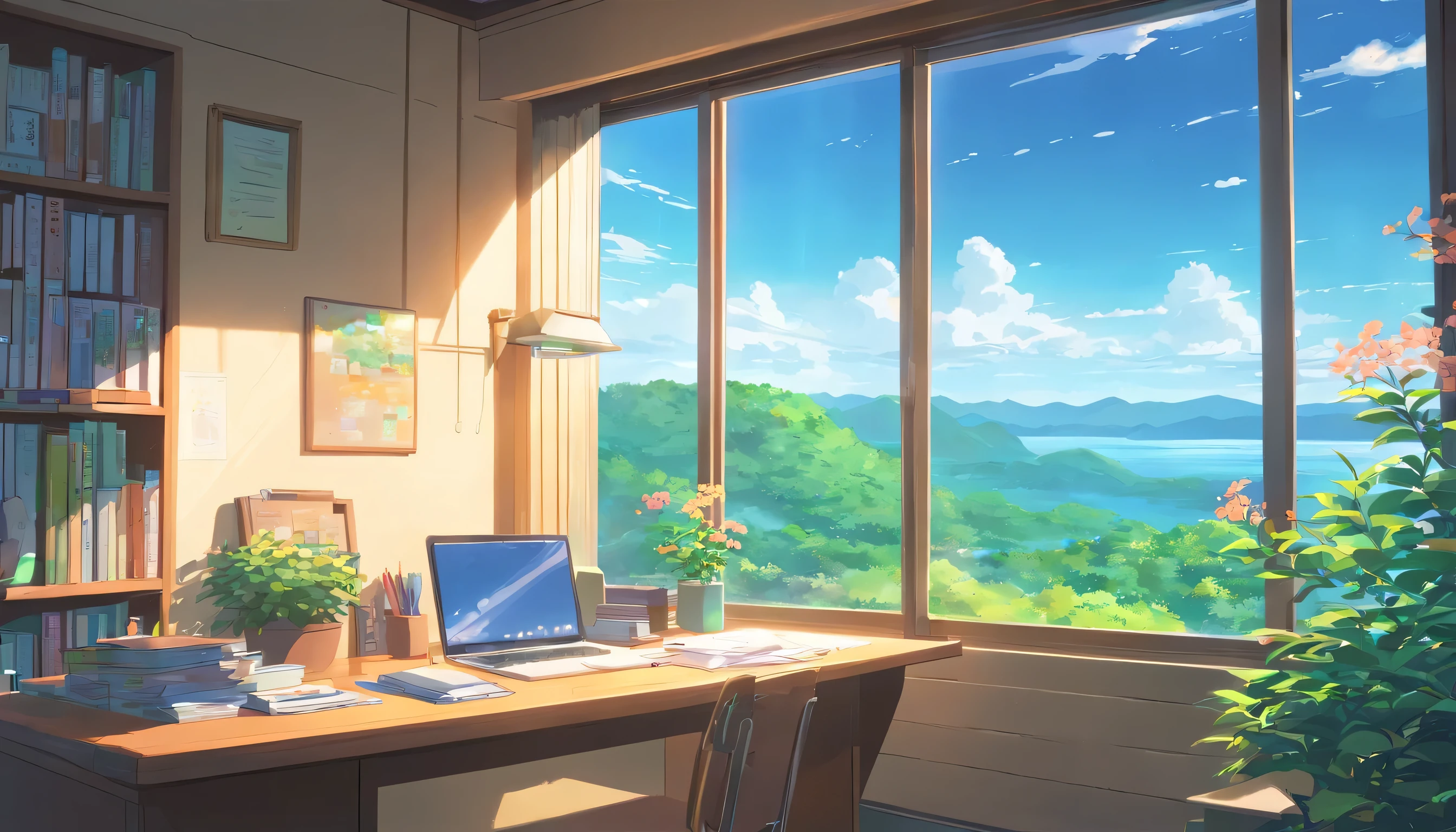 unmanned, cozy study desk, large window overlooking beautiful nature scenery, (staring at the scenery), floral notebooks