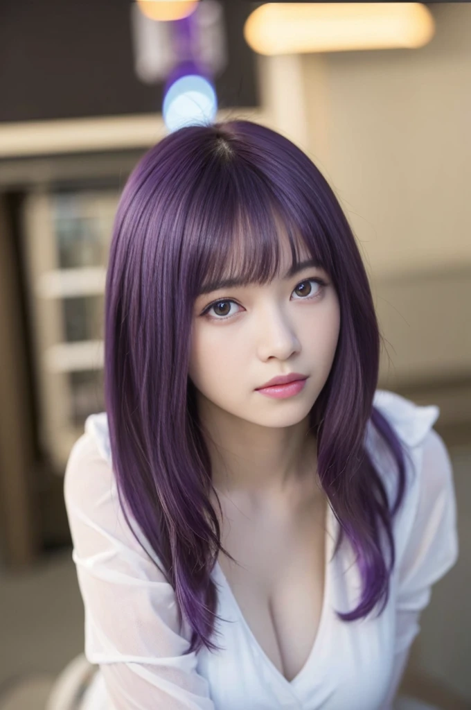 (8K, RAW photo, highest quality, masterpiece:1.2), (realistic, photo realistic:1.3), UHD, high definition color photo, extremely detailed CG unity 8K wallpaper,  sharp focus, (realistic skin), perfect anatomy, (cinematic lighting), glossy lips,
break
street, Are standing, (cute woman), ((purple hair:1.2)), long hair, dull bangs, black eye, (blush), (happiness), (big breasts), white short dress, Thighhighs, looking at the viewer, Upper body, close, semi-smile