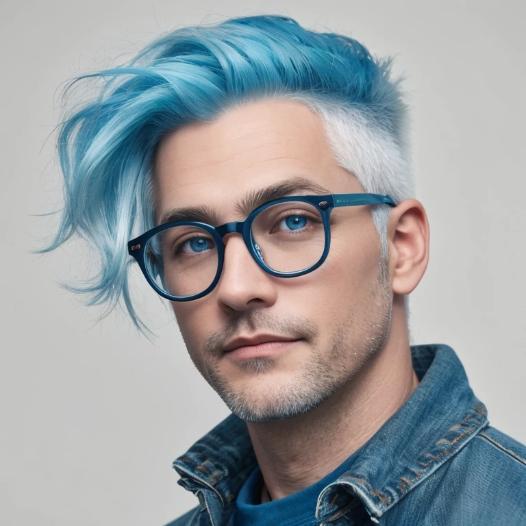 blue hair,The hair on the side front of the head is white,round glasses,40 years old,Denim shirt,blue eyes,Thin type,the jawline is thin,Japanese,male,Beardless,photograph,In 4K,highest quality,best details