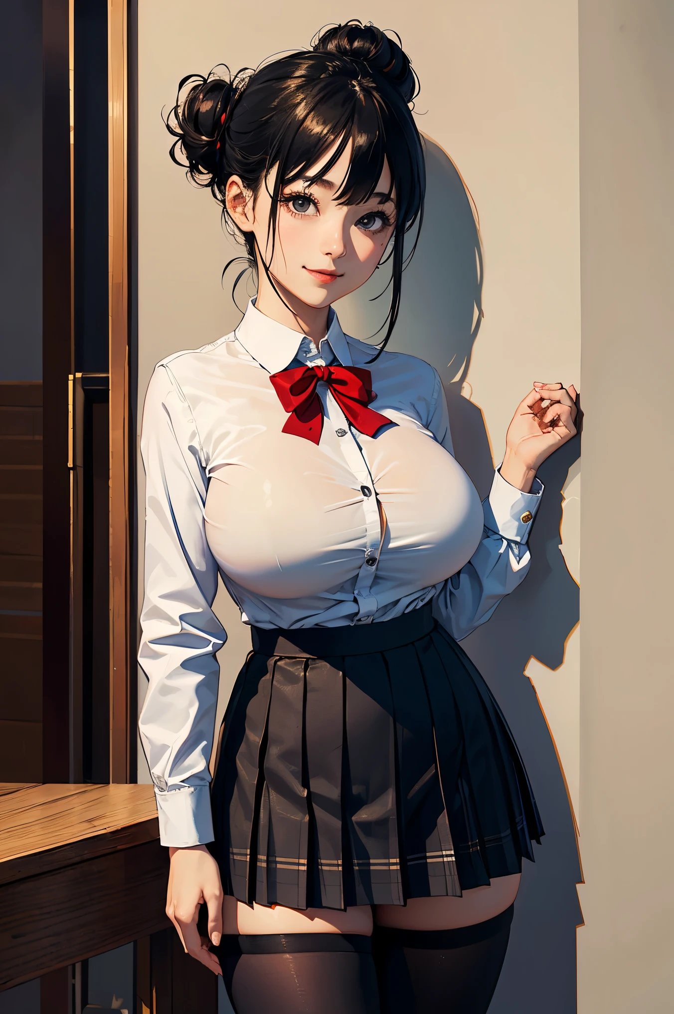 (masterpiece:1.4)、(highest quality:1.4)、ultra high resolution、beautiful features、20 year old woman、Black hair bun hair、gray long sleeve collared shirt、Plaid pleated skirt、black tights、(huge breasts:1.2)、red face、smile、Stand against the wall