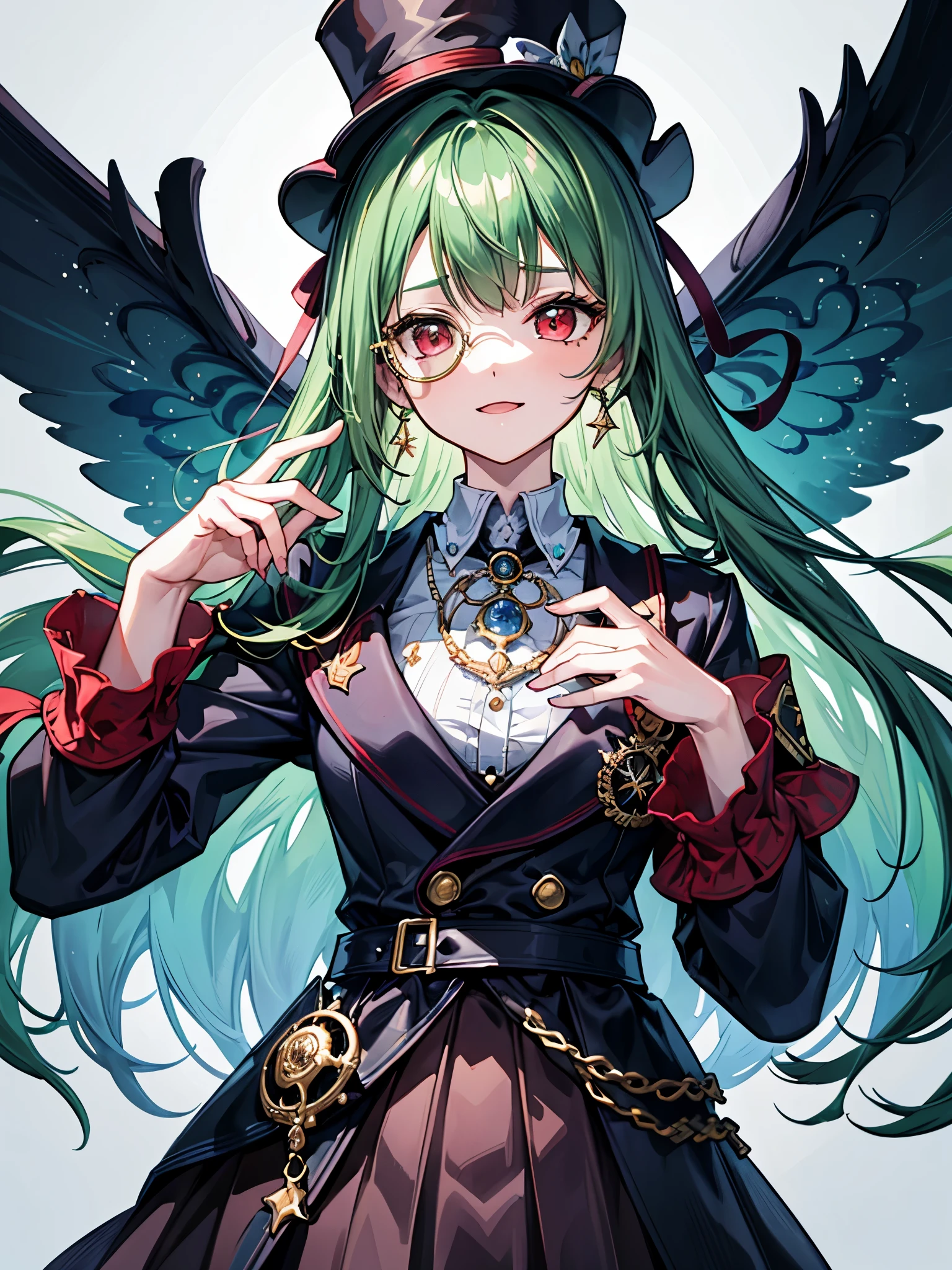 (((masterpiece、Highest image quality、highest quality、highly detailed unity 8kwallpaper)))、((Illustration of one girl、upper body))、(((beautiful girl)))、(Emerald green hair、sidelocks:1.2、red eyes)、(((crazy smile)))、monocle、pocket watch、(((Black top hat、tuxedo)))、grand library