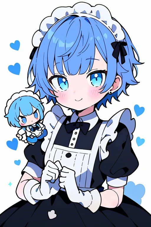 aged up, 1girl,blue hair,blue eyes,solo,joints,maid,doll joints,apron,smile,gloves,short hair,maid headdress,white gloves,dress,blush,ribbon,short sleeves,black dress,maid apron,closed mouth,bangs,frills,puffy sleeves,puffy short sleeves,white apron,