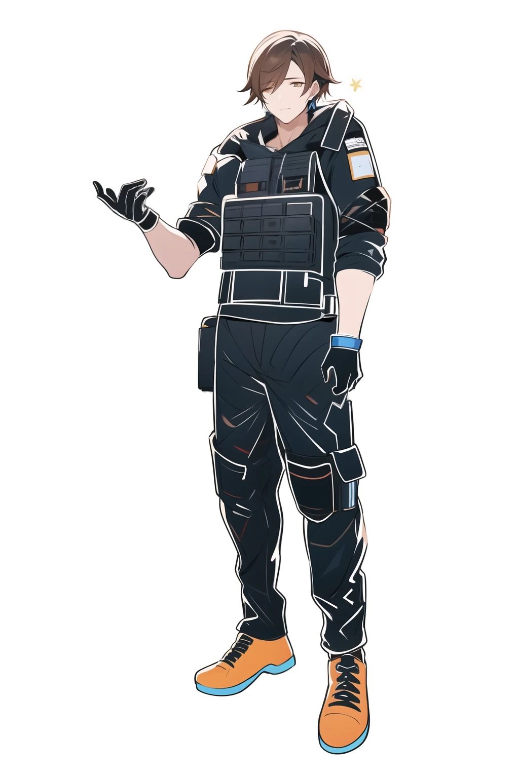 [(NO BACKGROUND:1.5),::5] (WHITE BACKGROUND:1.5), [(Arknights:1.5)::,5] (Tactical Uniform:1.5), (Handsome:1.5), [(Arknights Style:1.5),::5] standing, full body, (1boy, 1 boy, boy, male, one boy, one male:1.5), solo, masterpiece, highres, 4k, high quality, digital art, sparkling eyes, (Dark blue uniform:1.4), Uniform, (blue style:1.4), (line:1.2), (brown hair:1.3), (shoes:1.5), (gloves:1.3), (detailed:1.4), short hair, (Arknights operator:1.4)